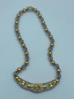 Italienische Halskette aus 18 Karat Gold mit Bergkristall, gelbem Saphir und Diamanten, 1970er Jahre