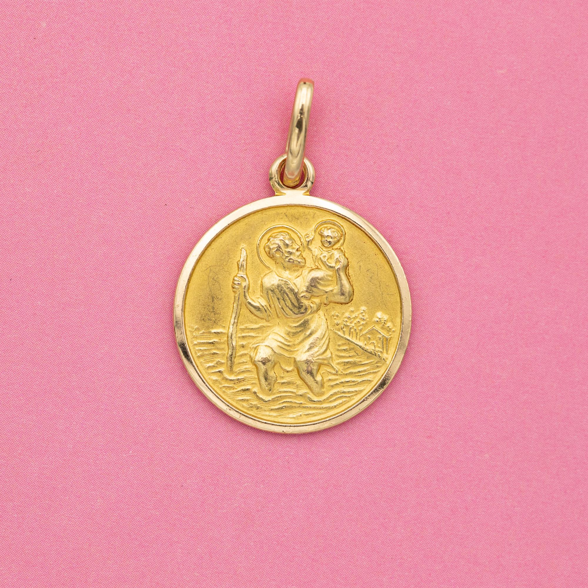 Italian 18 K solid Saint Christopher medal pendant - estate Catholic charm 1960s 2