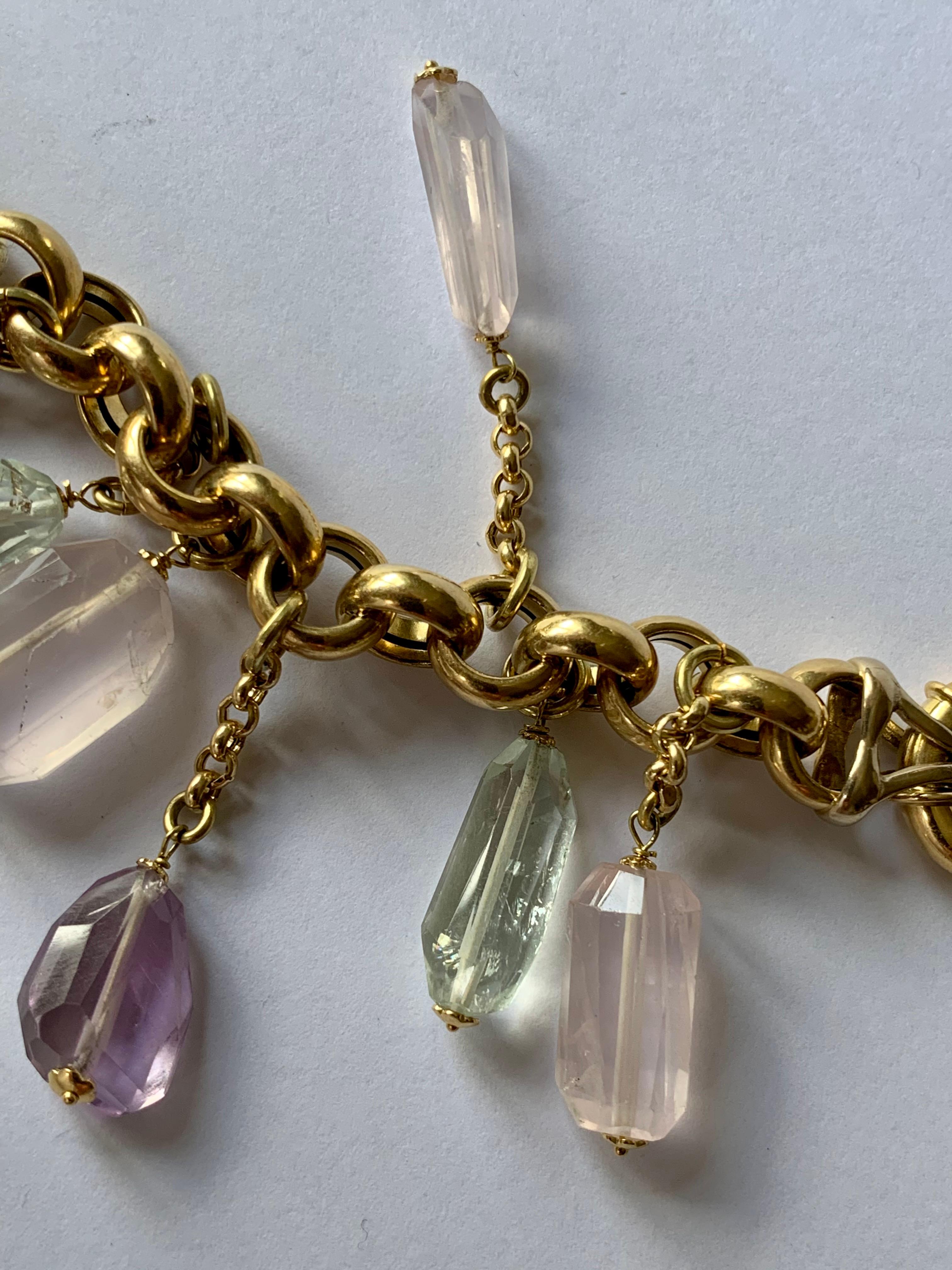 Contemporary Italian 18 K Yellow Gold Charm Charm Bracelet Amethyst Rose Quartz Prasiolite For Sale