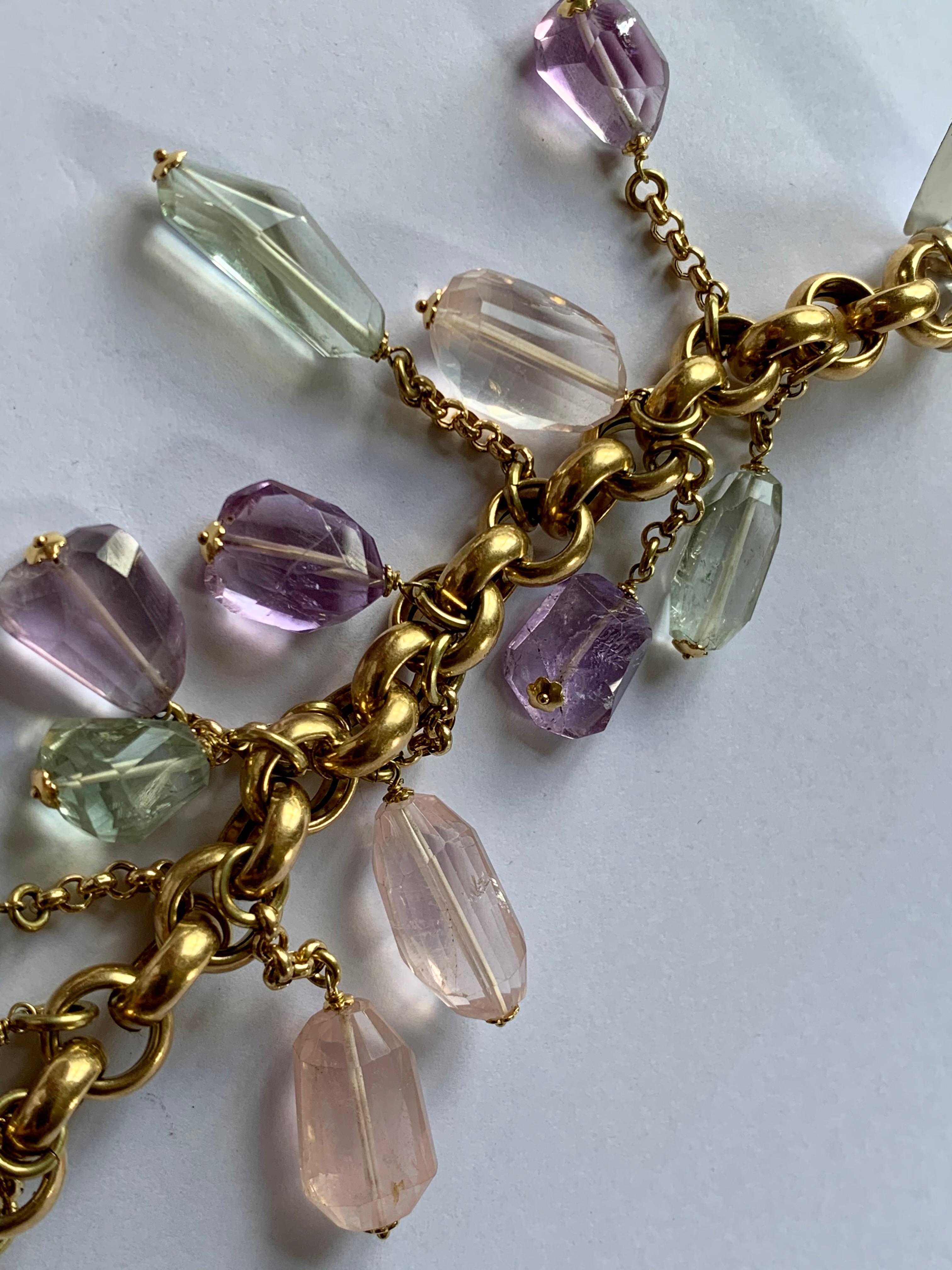 Briolette Cut Italian 18 K Yellow Gold Charm Charm Bracelet Amethyst Rose Quartz Prasiolite For Sale