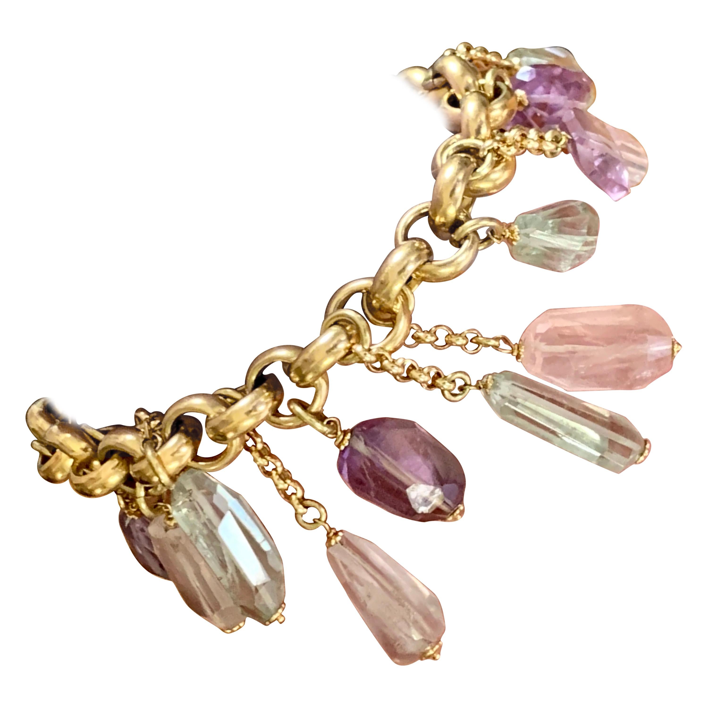 Italian 18 K Yellow Gold Charm Charm Bracelet Amethyst Rose Quartz Prasiolite For Sale