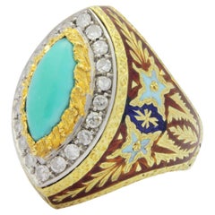 Italian, 18 Karat Gold, Diamond and Turquoise Ring by Cazzaniga