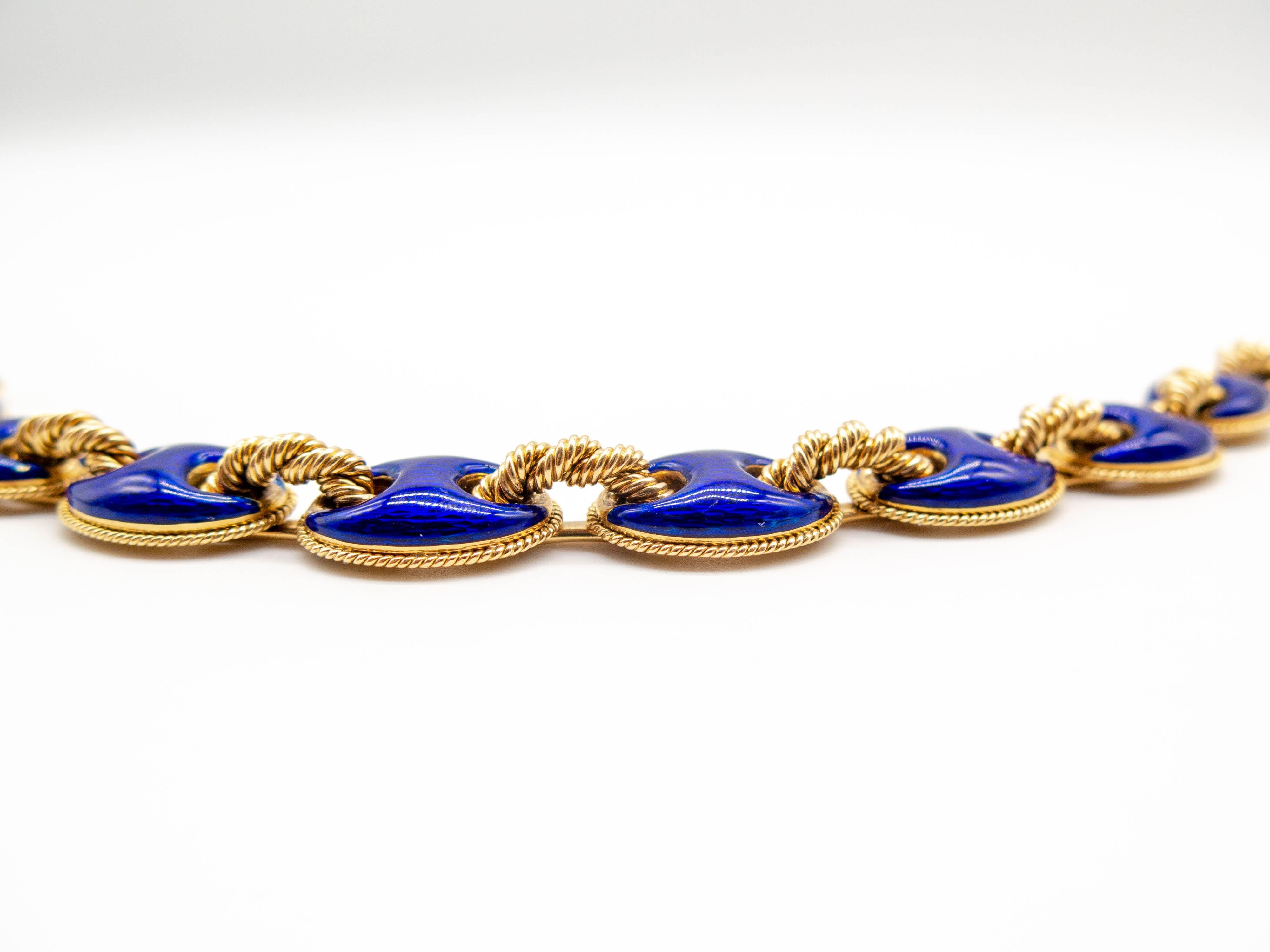 Women's or Men's Italian 18 Karat Gold En Ronde Bosse Navy Enamel Bracelet