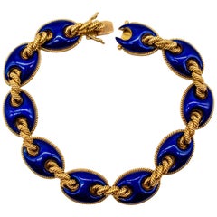 Italian 18 Karat Gold En Ronde Bosse Navy Enamel Bracelet