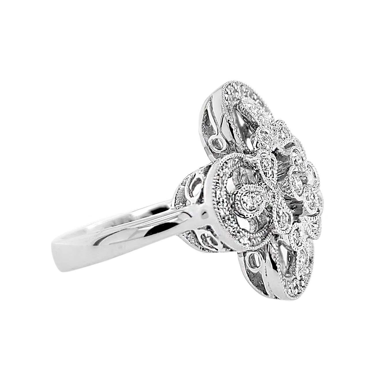 Round Cut Italian 18 Karat Gold Flower Motif Diamond Ring For Sale
