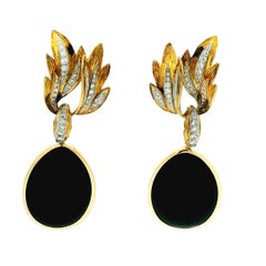 Italian 18 Karat Gold Onyx Diamond Pendant Drop Earrings