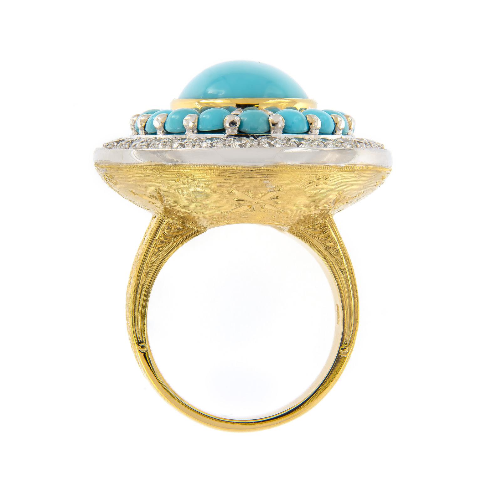 Oval Cut Italian 18 Karat Gold Persian Turquoise and Diamond Ring Made in Italy