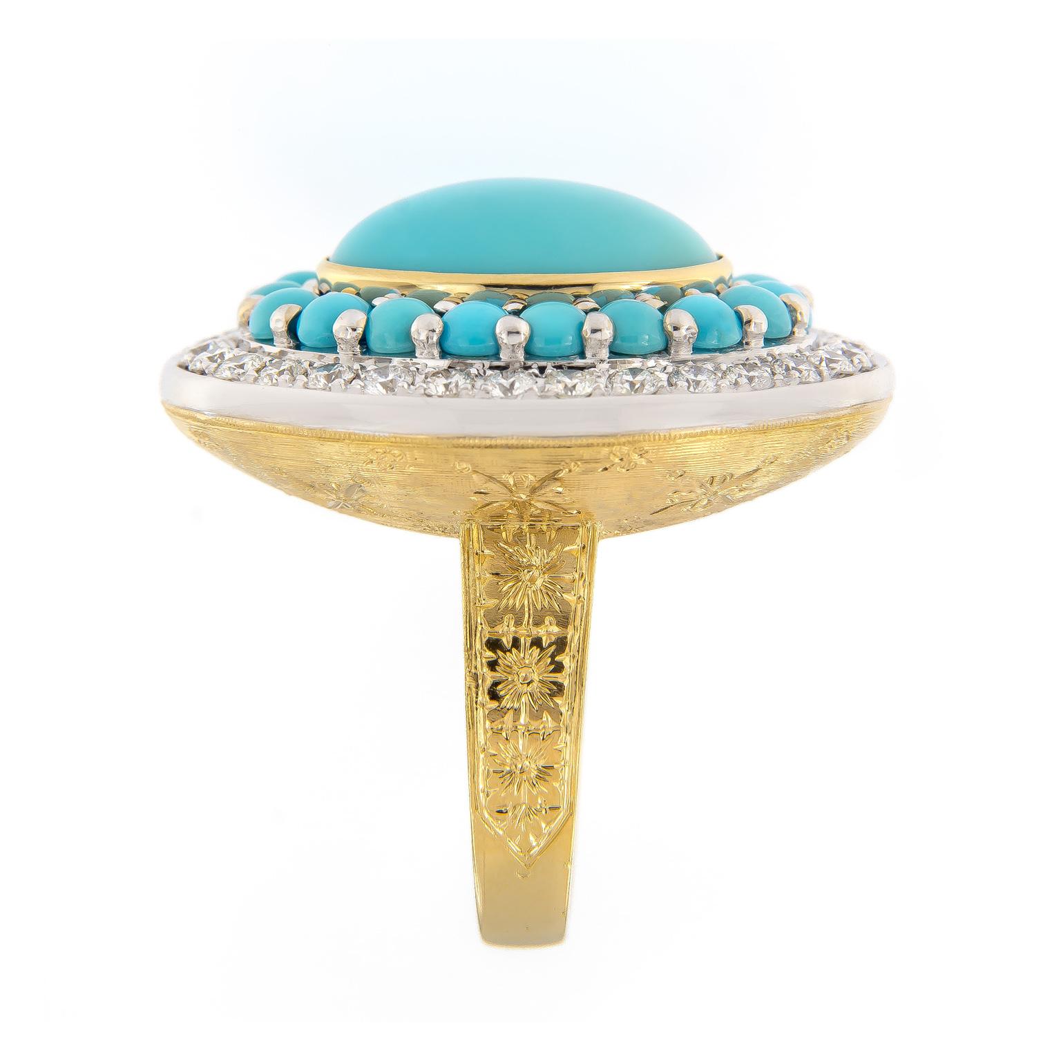 Italian 18 Karat Gold Persian Turquoise and Diamond Ring Made in Italy In New Condition In Troy, MI