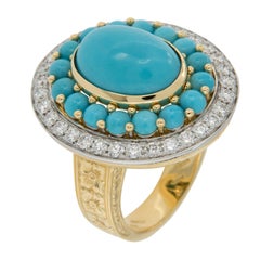 Bague italienne en or 18 carats avec turquoise persane et diamants, fabriquée en Italie