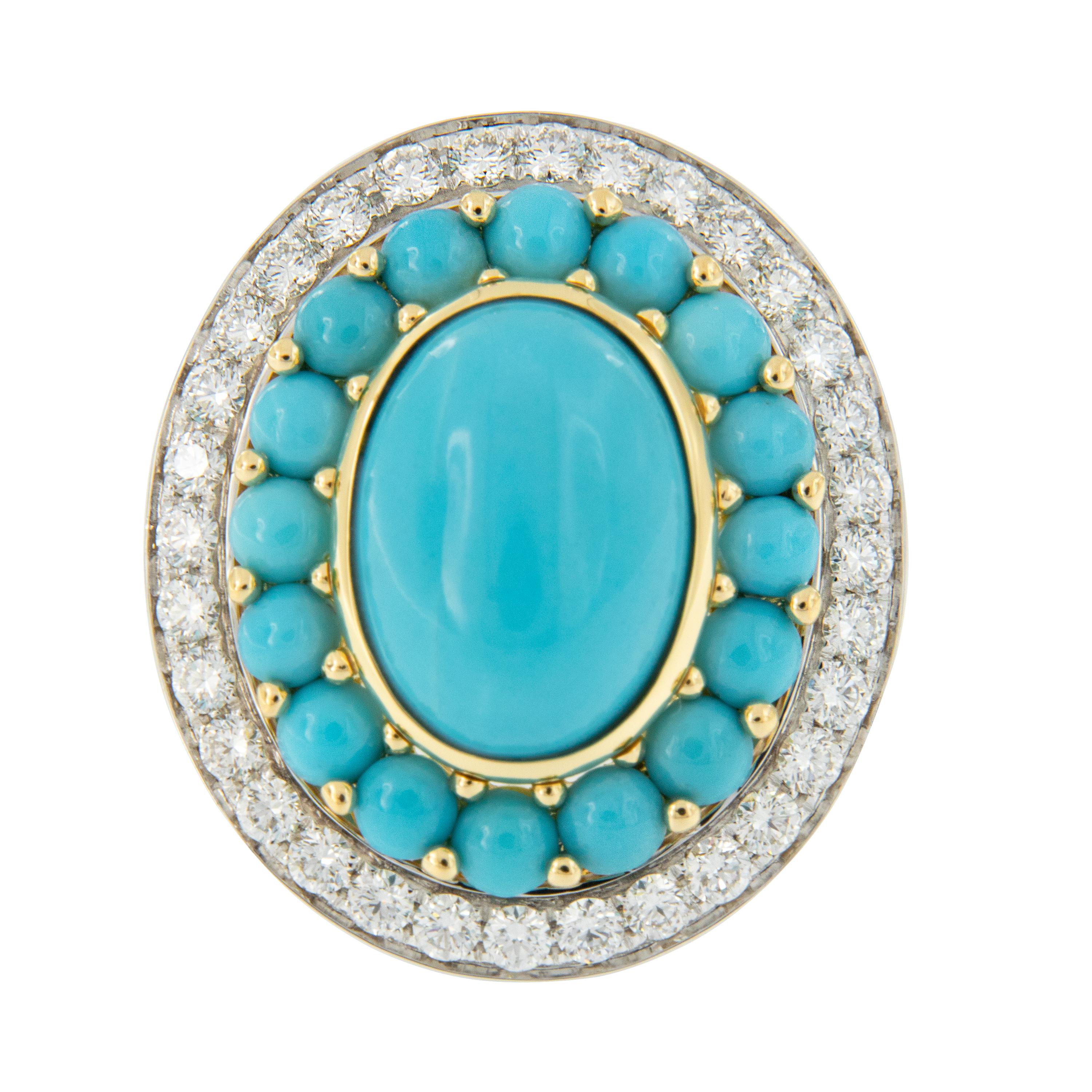 From Afghanistan to the Zuni Pueblo, people the world over have revered turquoise as a good luck stone for centuries. Blue as the summer sky or a robin’s egg, this stone has inspired many mystical associations. Made in Italy, this 18 karat yellow