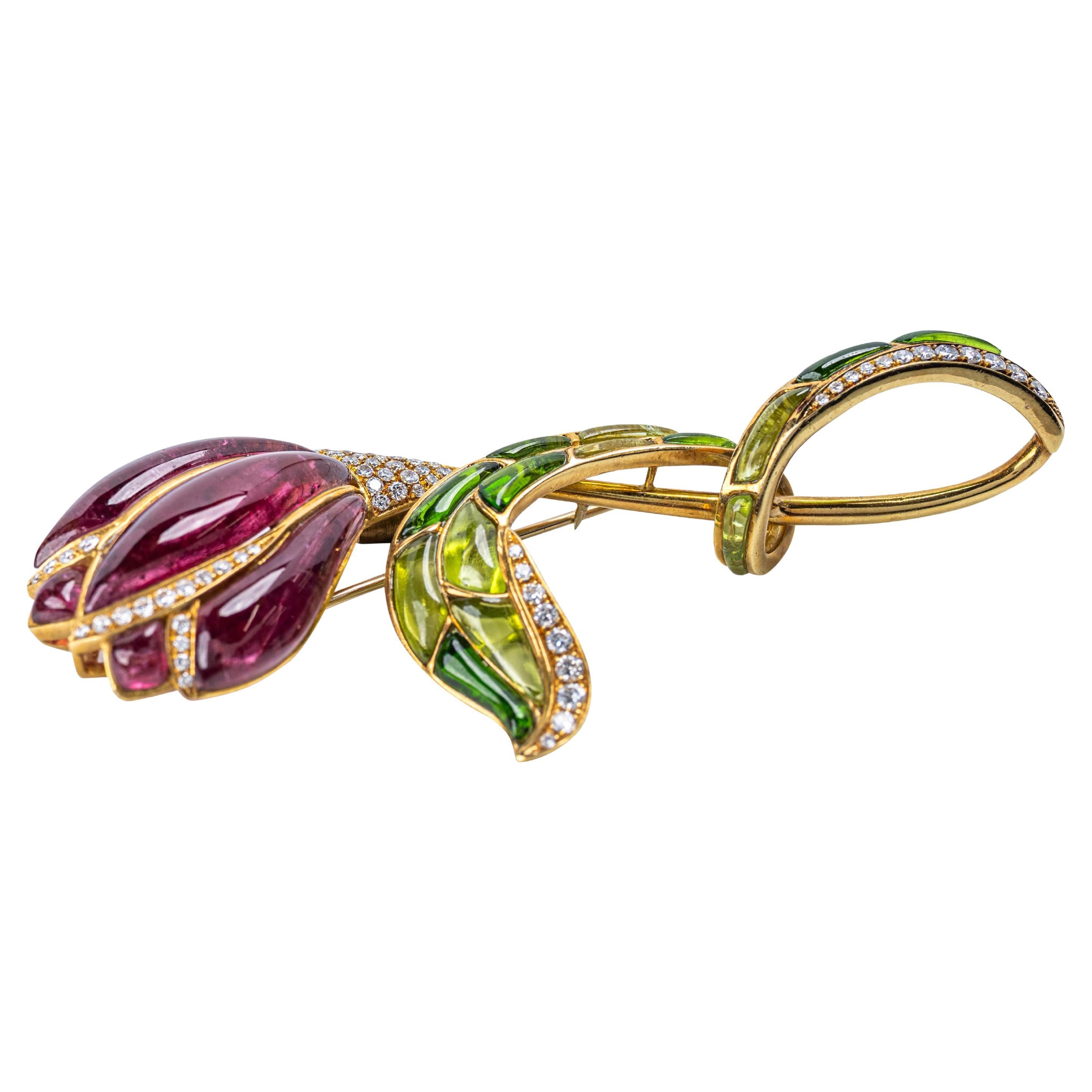 Broche italienne en or 18 carats, rubellite, émail et diamants