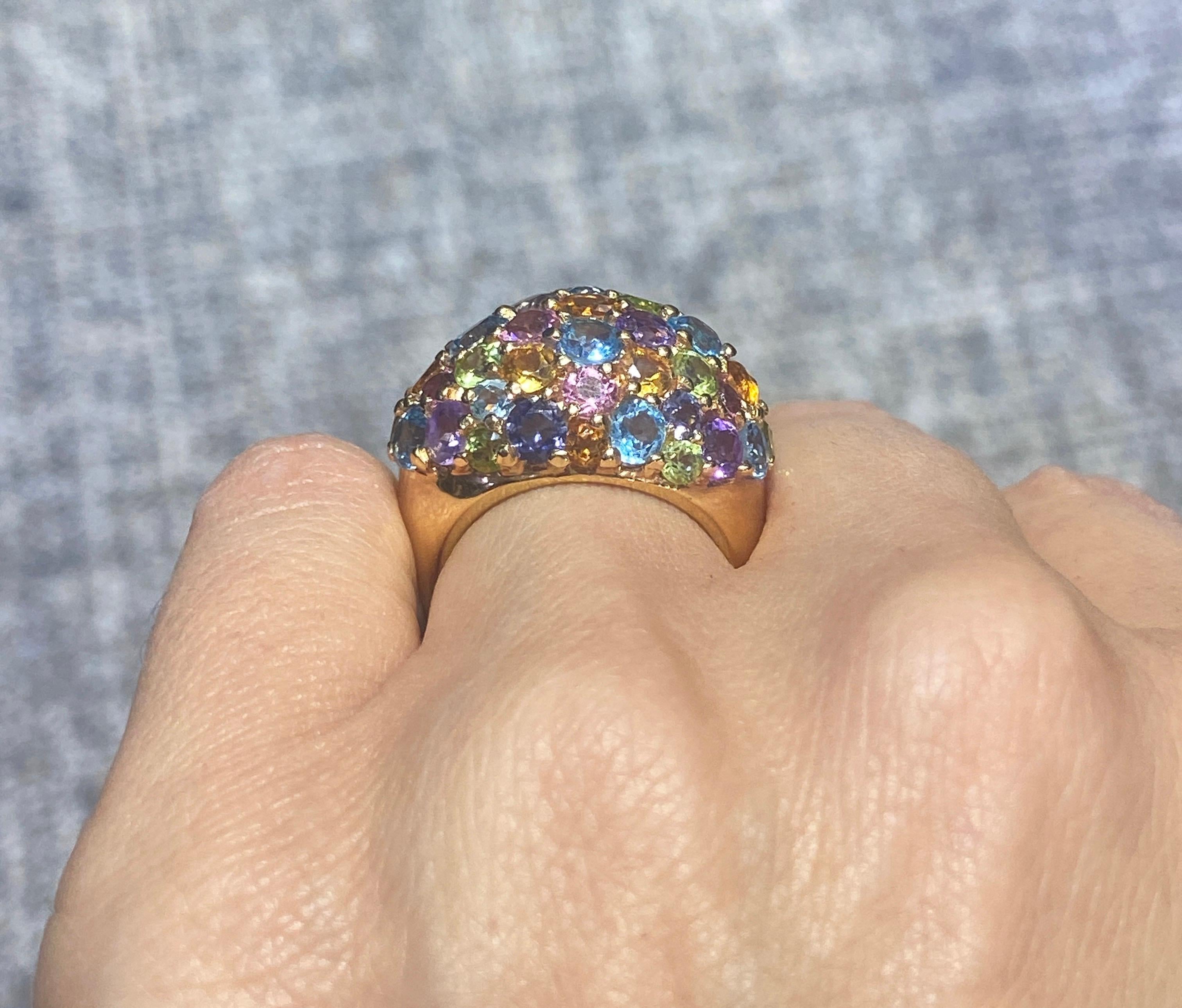 Round Cut Italian 18 karat pink gold and multi gem stone dome ring For Sale