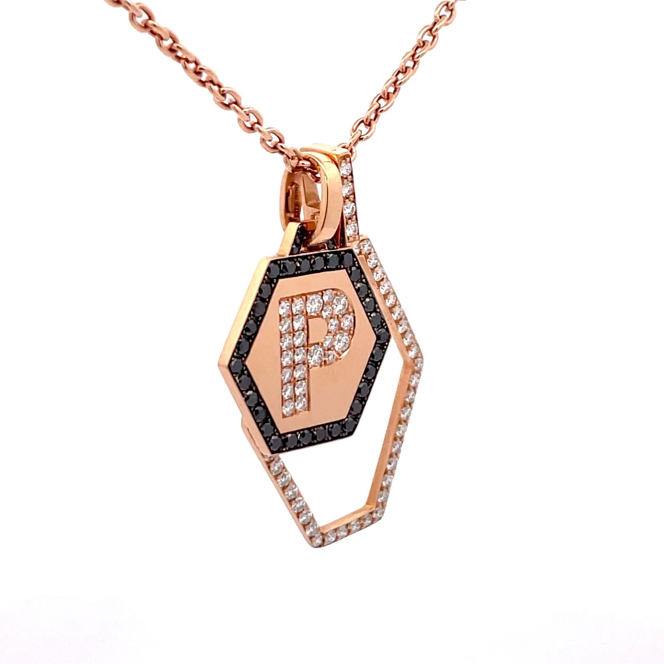 Italian 18 Karat Pink Gold Initial White & Black Charm Necklace 1.70 Carats For Sale 4