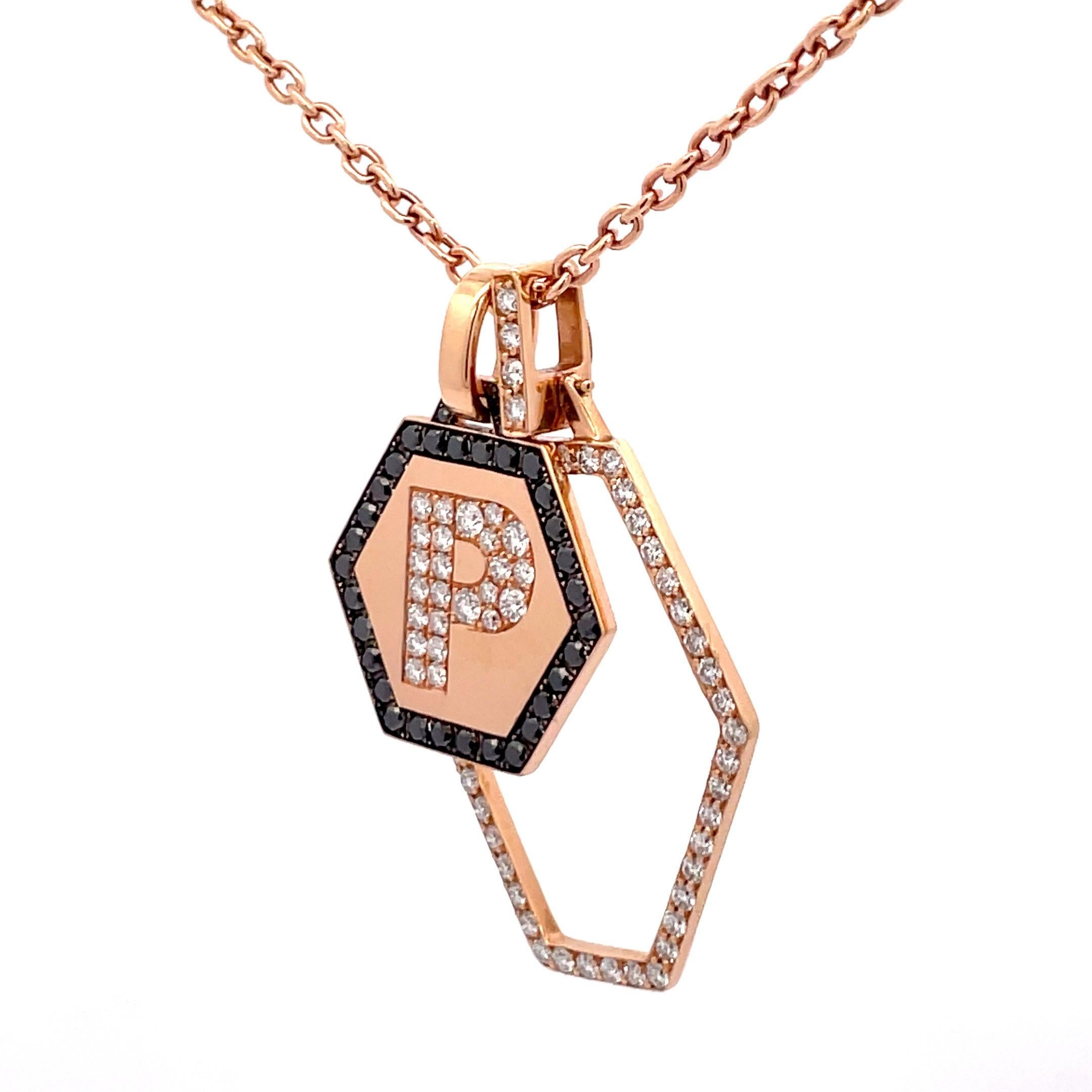 Italian, 18 Karat Rose Gold charm pendant necklace featuring 74 white diamonds weighing 1.02 Carats and 30 Black Diamonds weighing 0.68 Carats.
Can be made with any initial.
Black Diamond pendant can be made with White Diamonds, Blue or Pink
