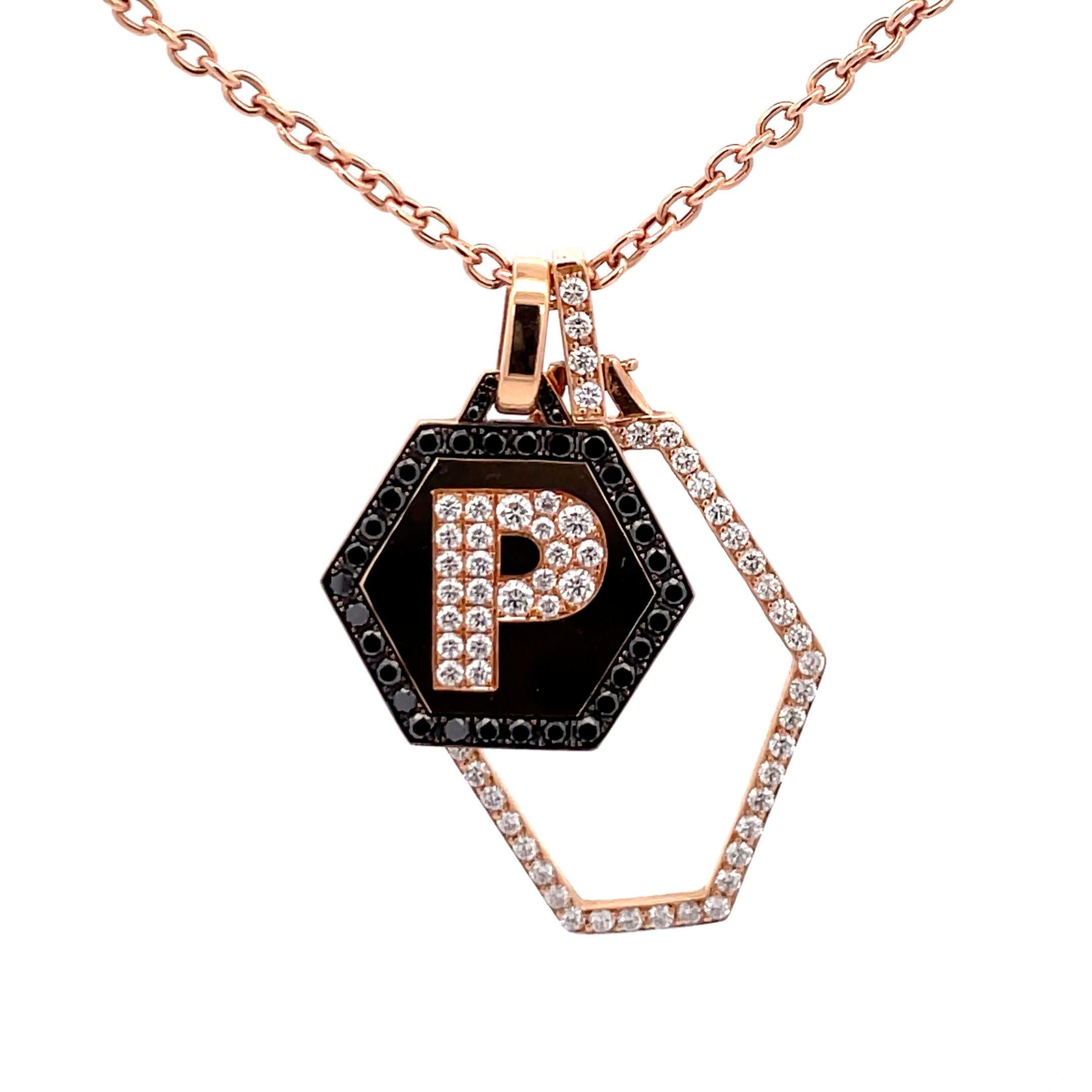 Italian 18 Karat Pink Gold Initial White & Black Charm Necklace 1.70 Carats For Sale 1