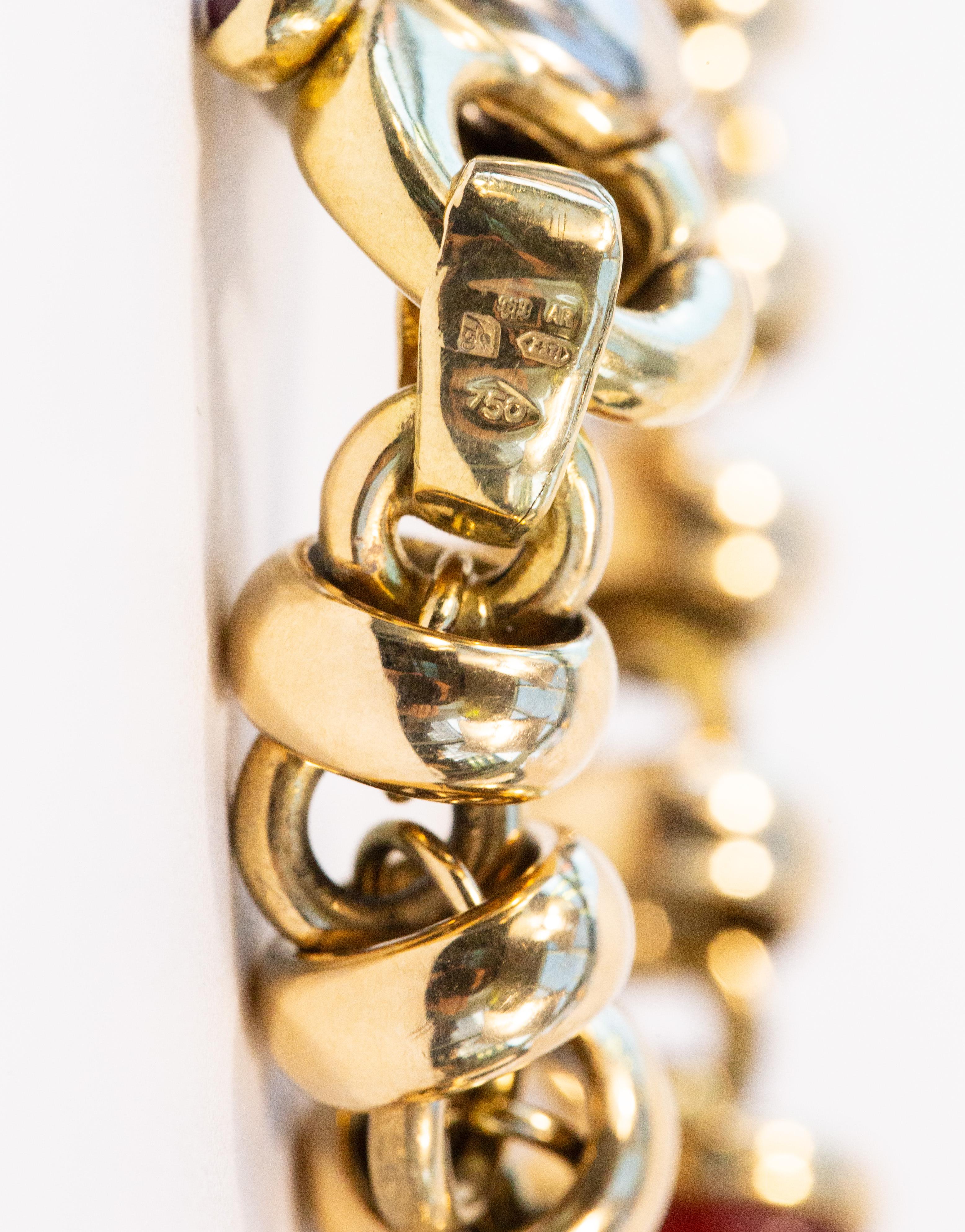 Italian 18 Karat Solid Yellow Gold Link Bracelet with Carnelian Beads en vente 10