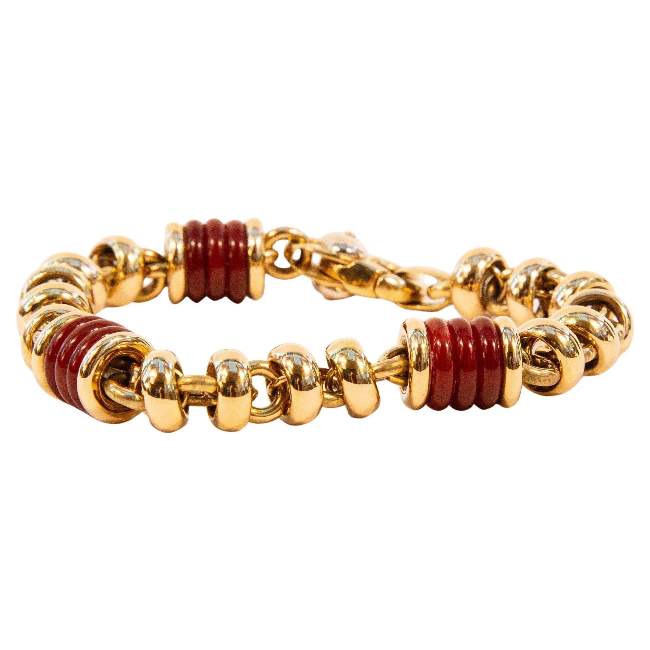 Italian 18 Karat Solid Yellow Gold Link Bracelet with Carnelian Beads