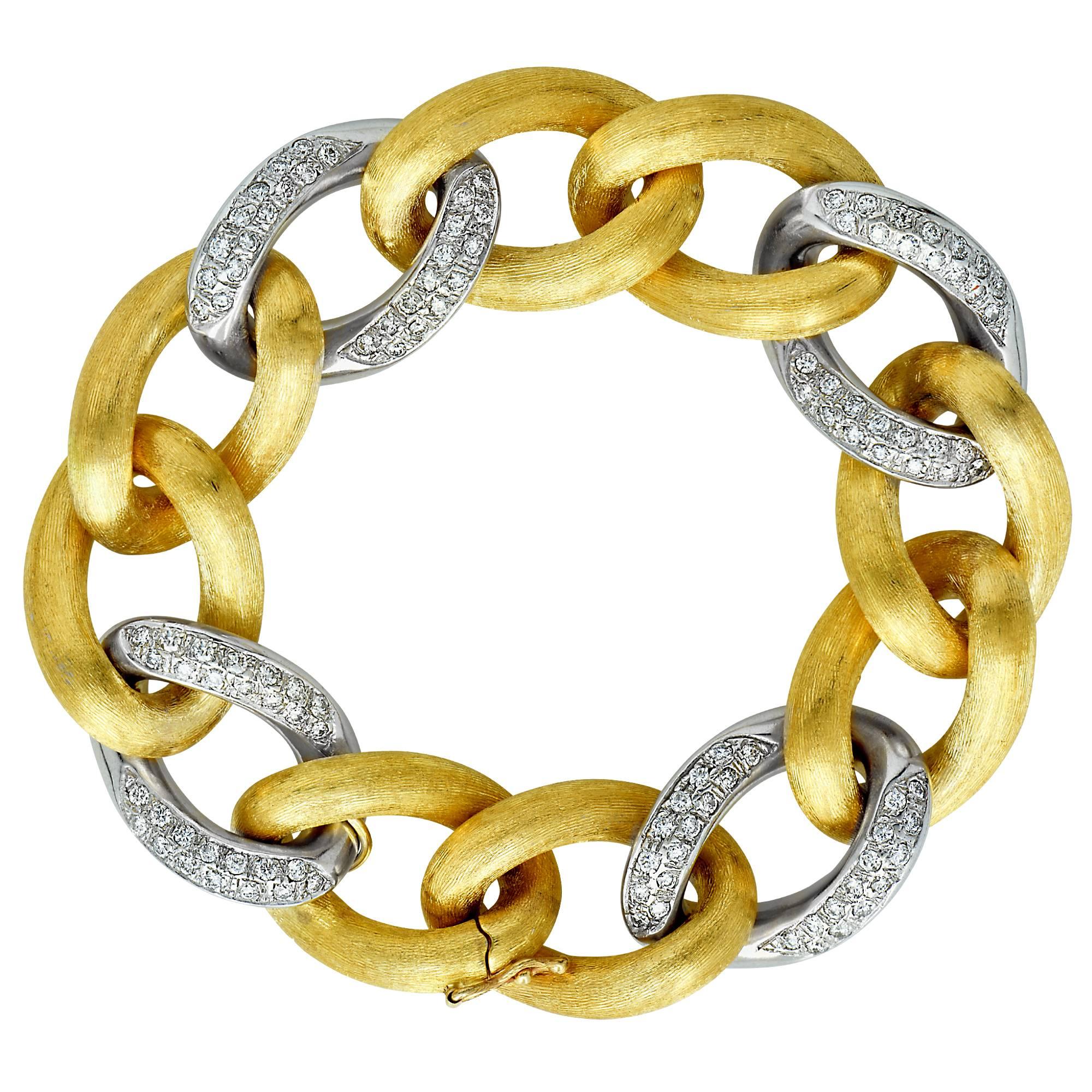 Italian 18 Karat White and Yellow Gold Diamond Link Bracelet