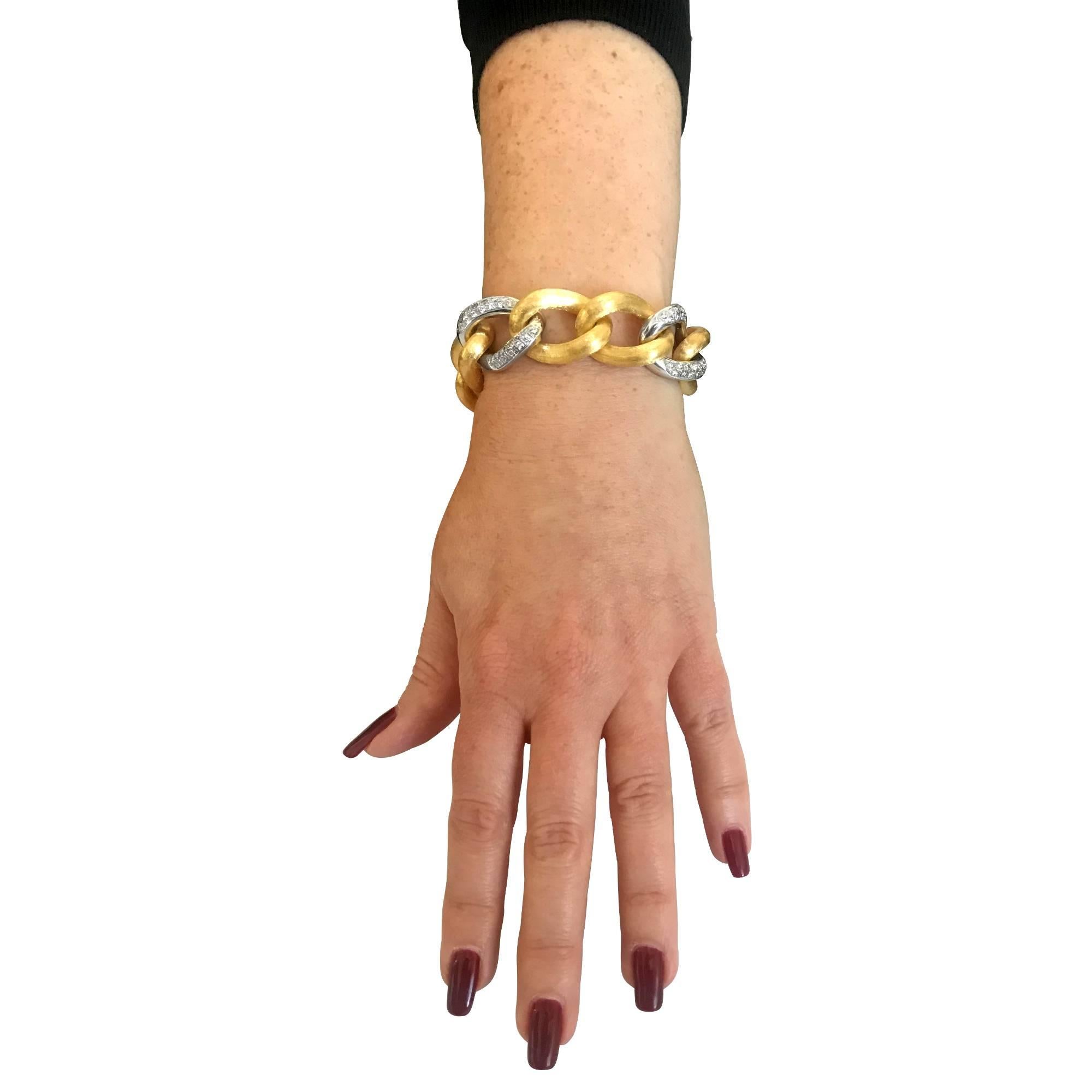 Modern Italian 18 Karat White and Yellow Gold Diamond Link Bracelet