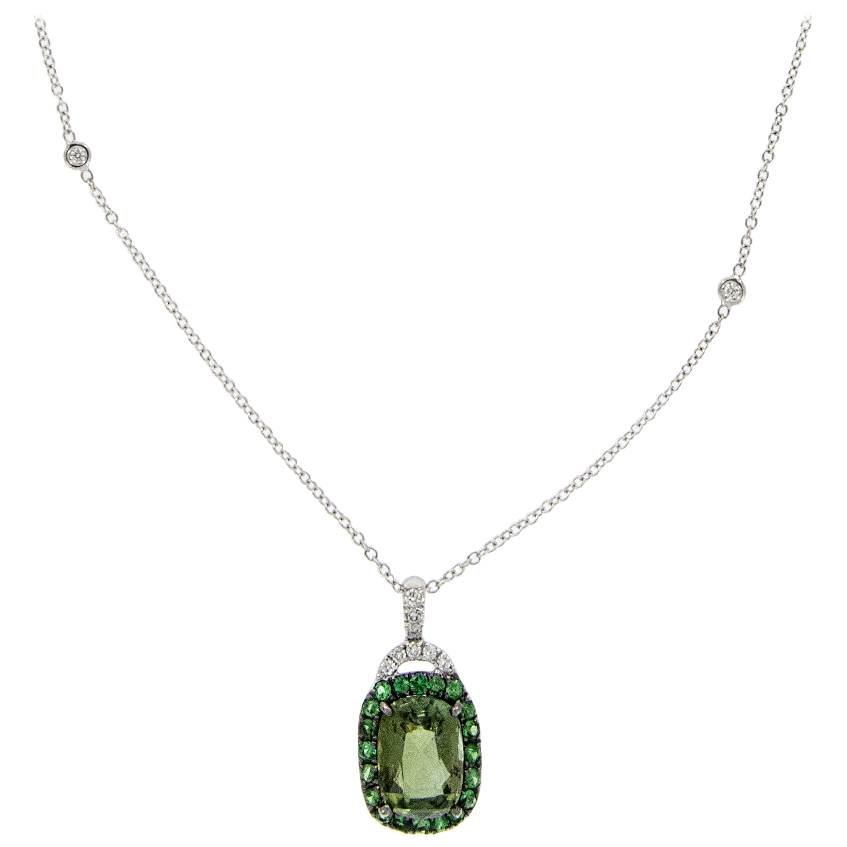 Italian 18 Karat White Gold 4.08 Ct Green Tourmaline, Tsavorite Diamond Necklace For Sale