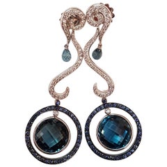 Italian 18 Karat White Gold Diamond Sapphire Blue Topaz Drop Earrings