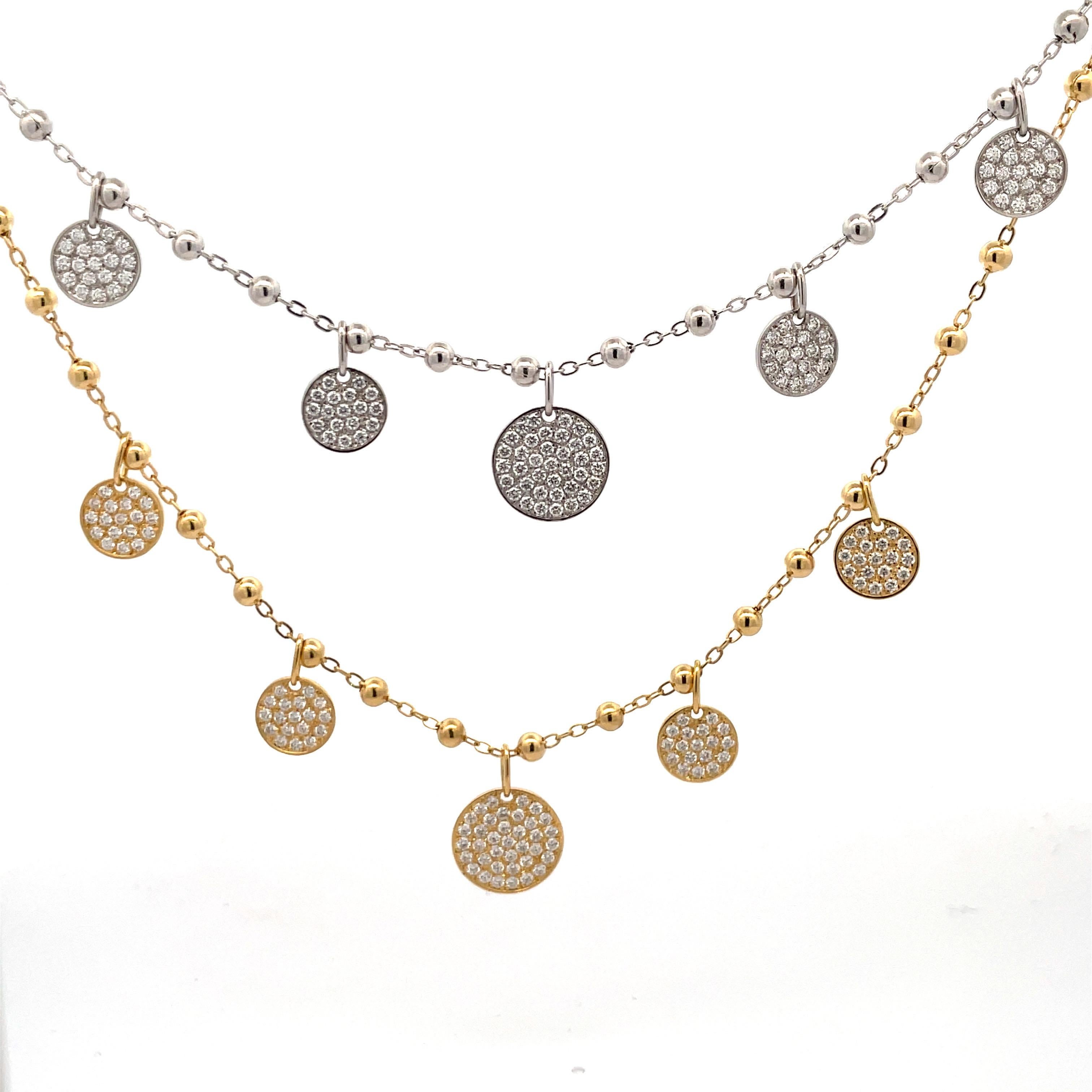Italian 18 Karat White & Yellow Gold Diamond Disc Charm Necklace 1.12 Carats For Sale 4