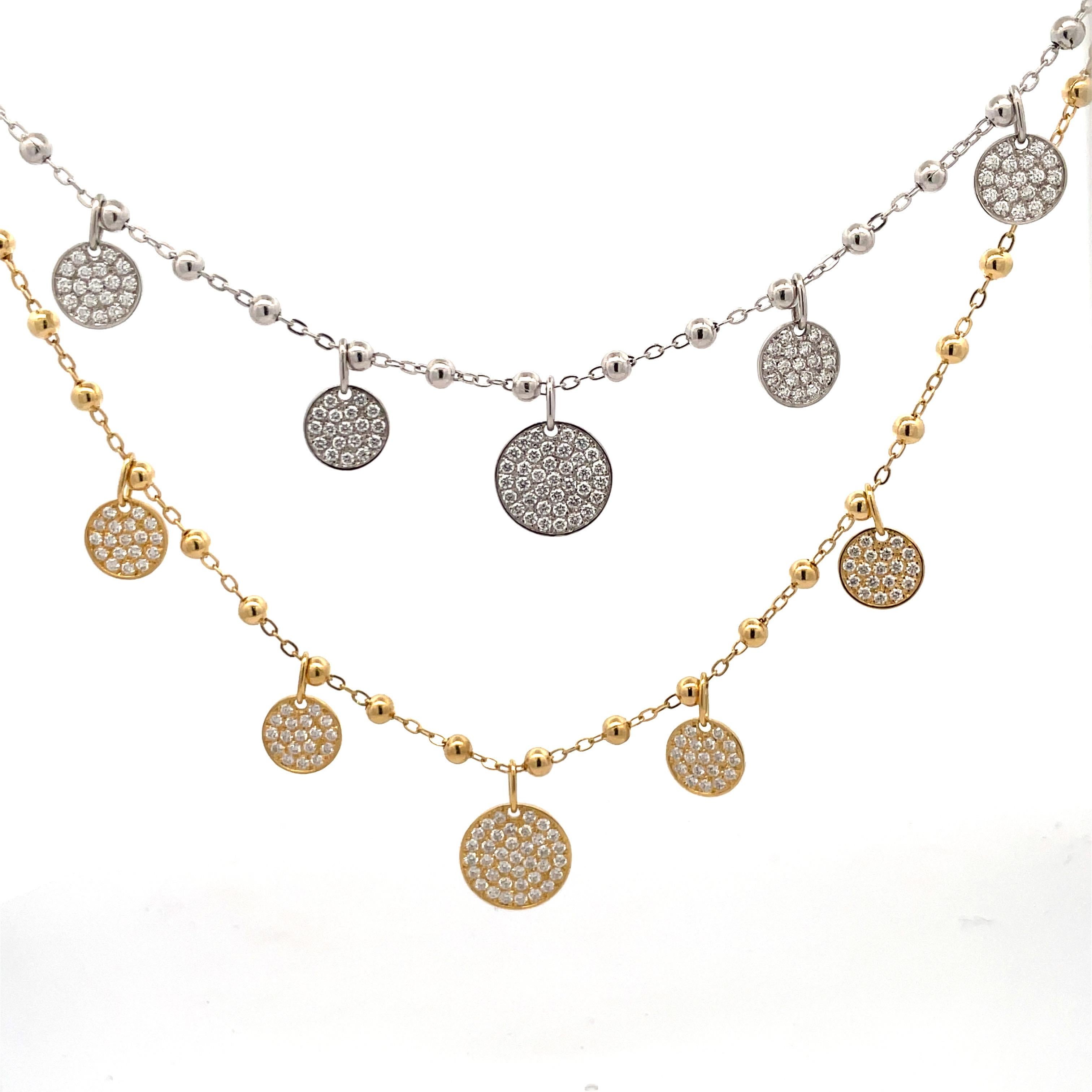 Italian 18 Karat White & Yellow Gold Diamond Disc Charm Necklace 1.12 Carats For Sale 1