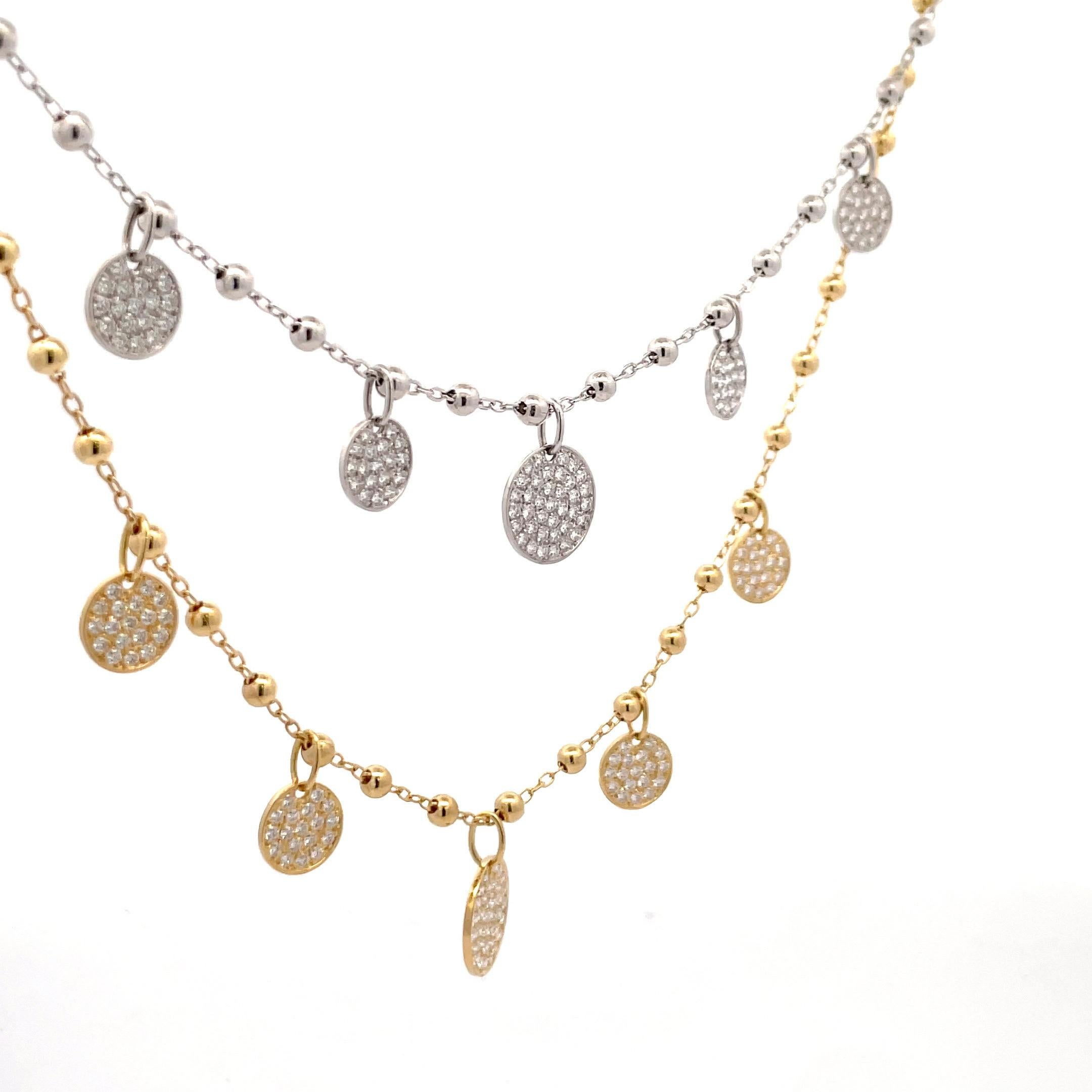 Italian 18 Karat White & Yellow Gold Diamond Disc Charm Necklace 1.12 Carats For Sale 3