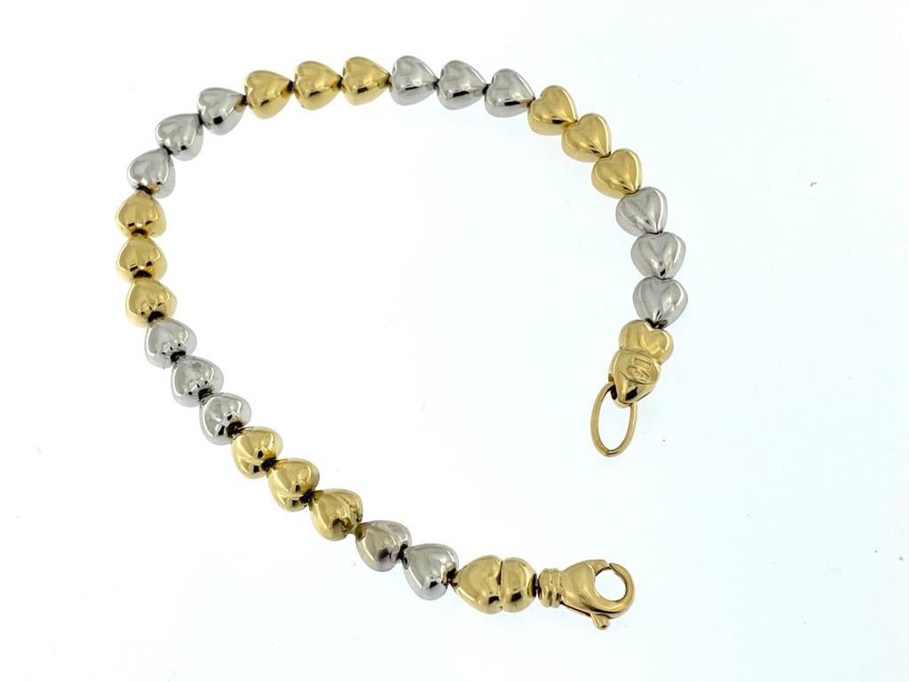 Women's or Men's Italian 18 karat Yellow and White Gold Hearts Bracelet For Sale