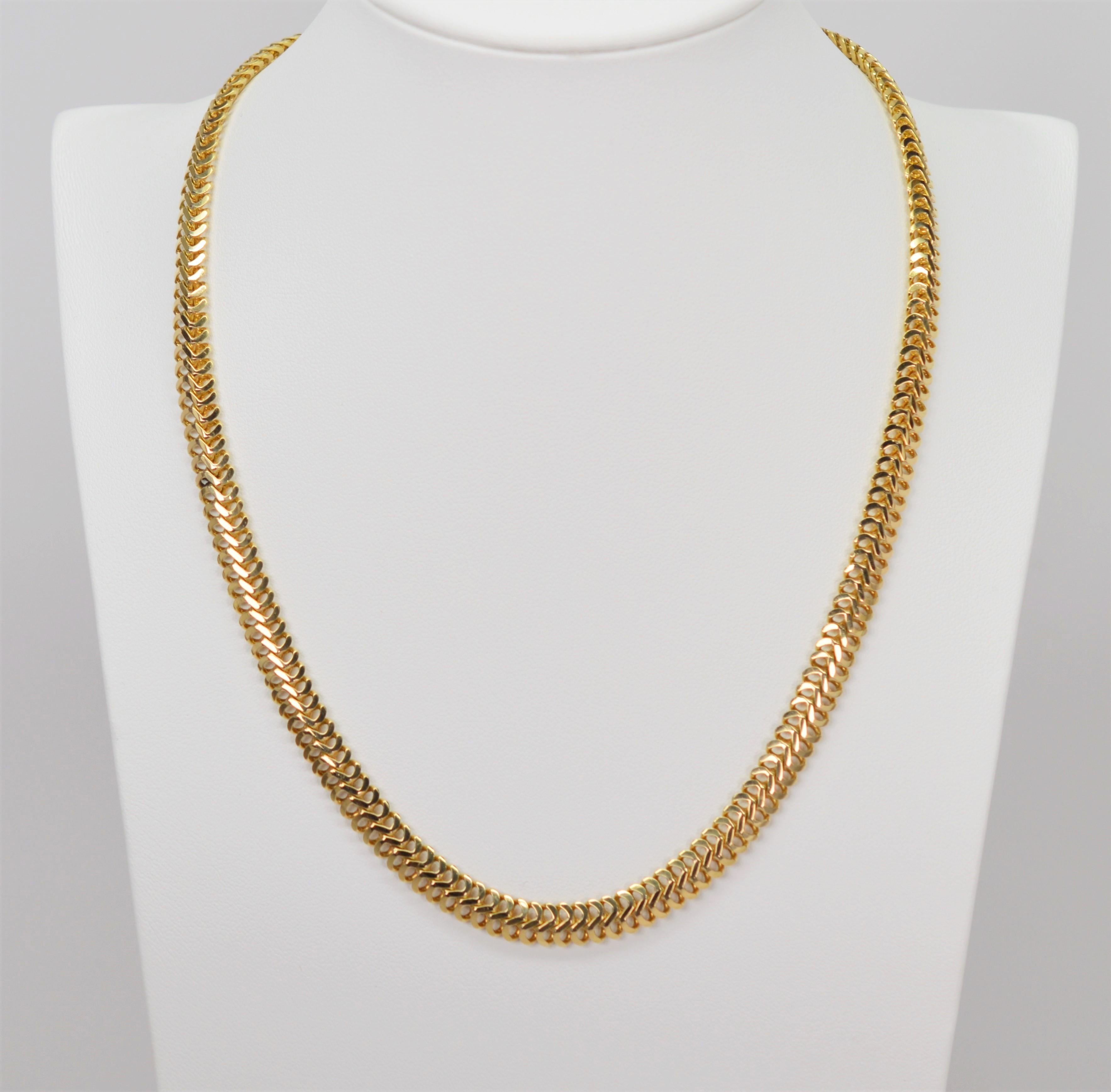 In bright eighteen karat 18k yellow gold, enjoy this high quality, Italian made 7mm snake chain necklace. Of substantial weight, the necklace is eighteen (18) inches in length and finished with box lock and safety. Gift Boxed.