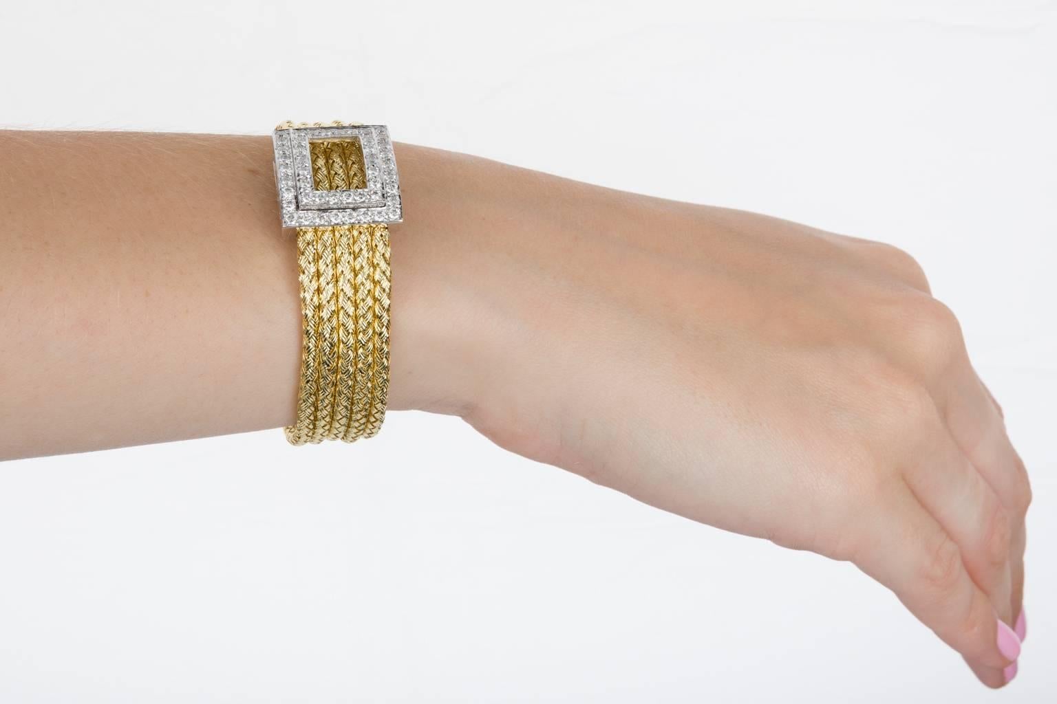 Italian 18 Karat Yellow Gold and Diamond Five-Strand Woven Bracelet For Sale 3