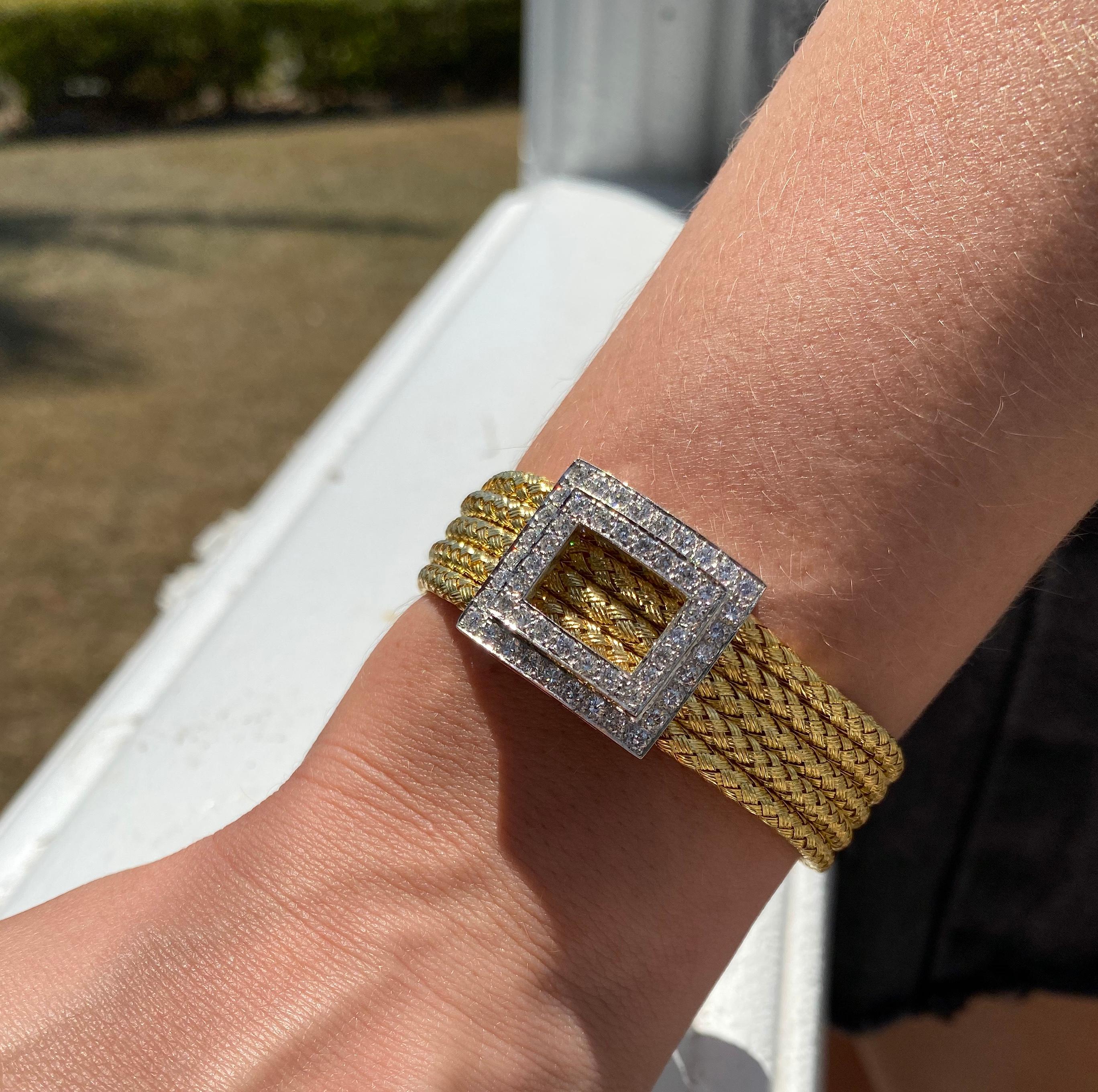 Italian 18 Karat Yellow Gold and Diamond Five-Strand Woven Bracelet For Sale 4