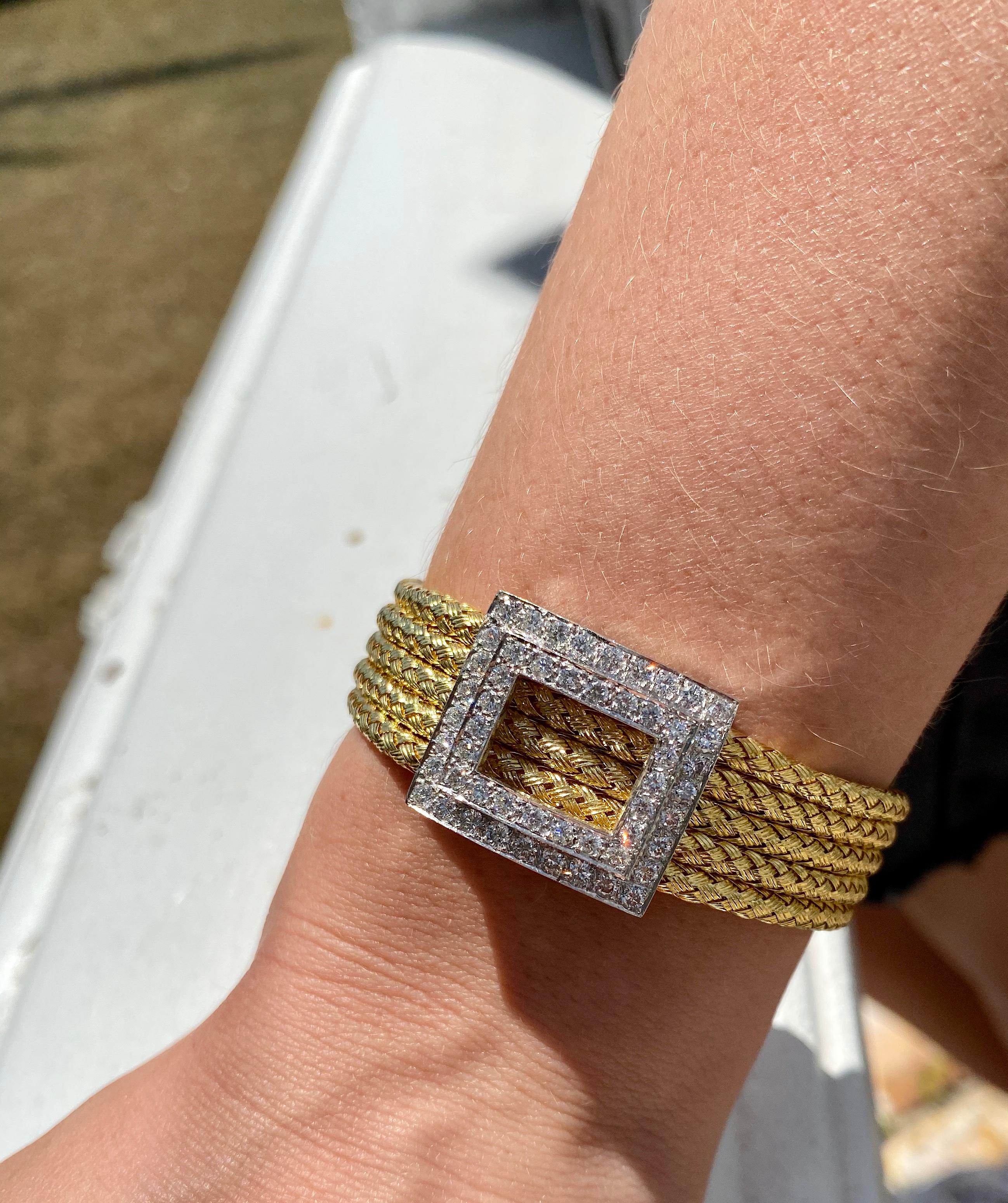 Italian 18 Karat Yellow Gold and Diamond Five-Strand Woven Bracelet For Sale 5