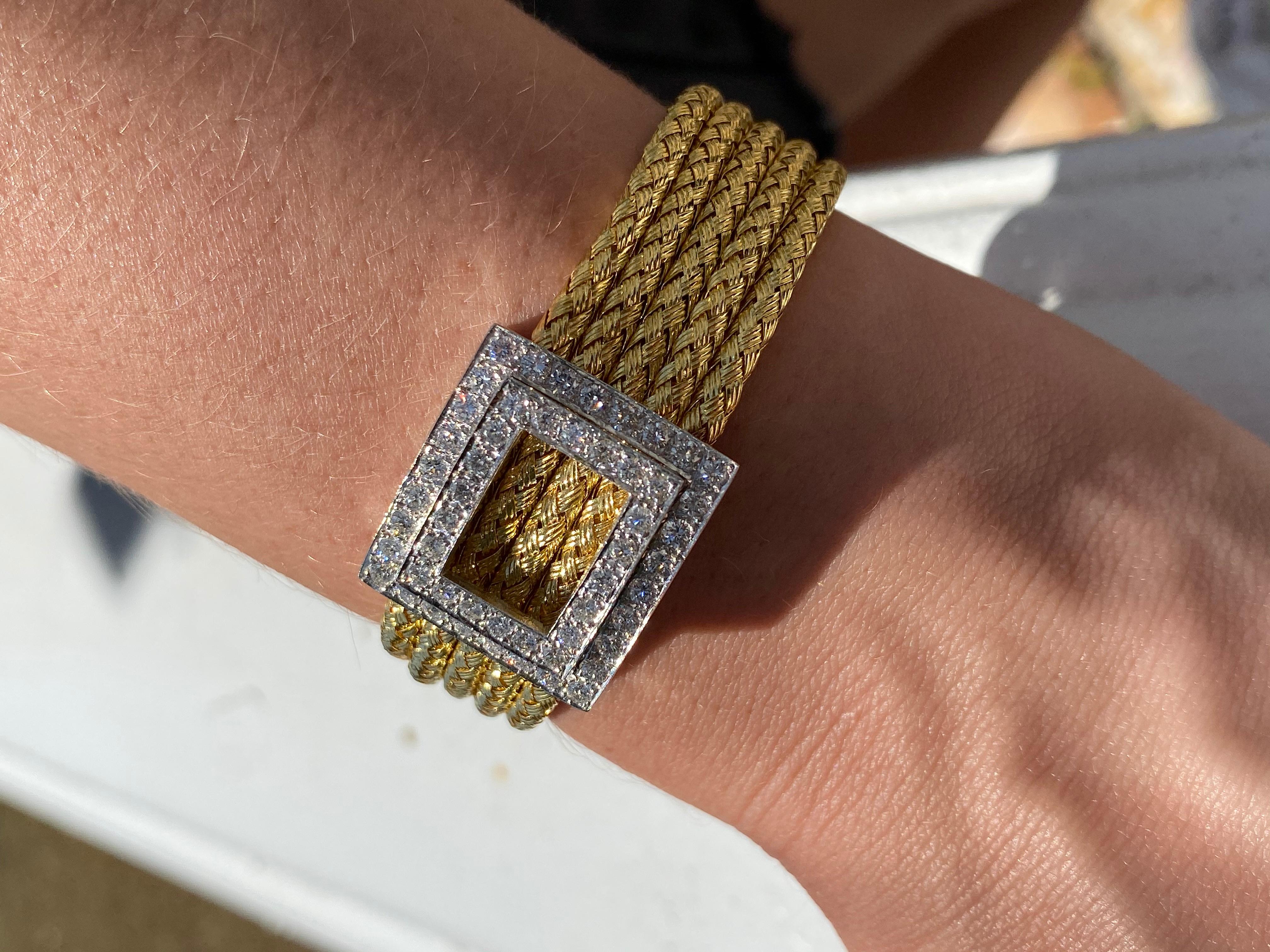 Italian 18 Karat Yellow Gold and Diamond Five-Strand Woven Bracelet For Sale 6