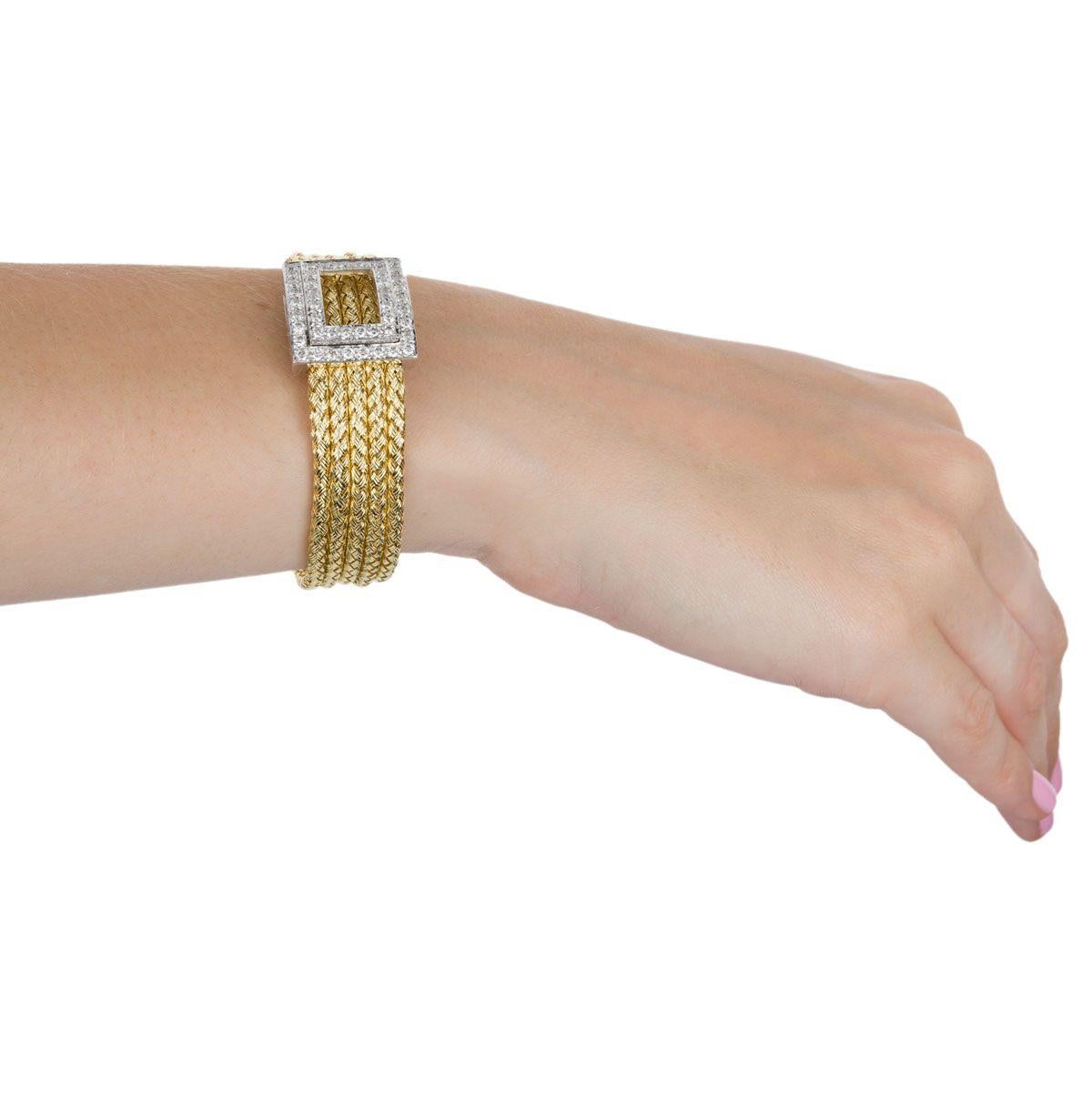 Italian 18 Karat Yellow Gold and Diamond Five-Strand Woven Bracelet For Sale 7