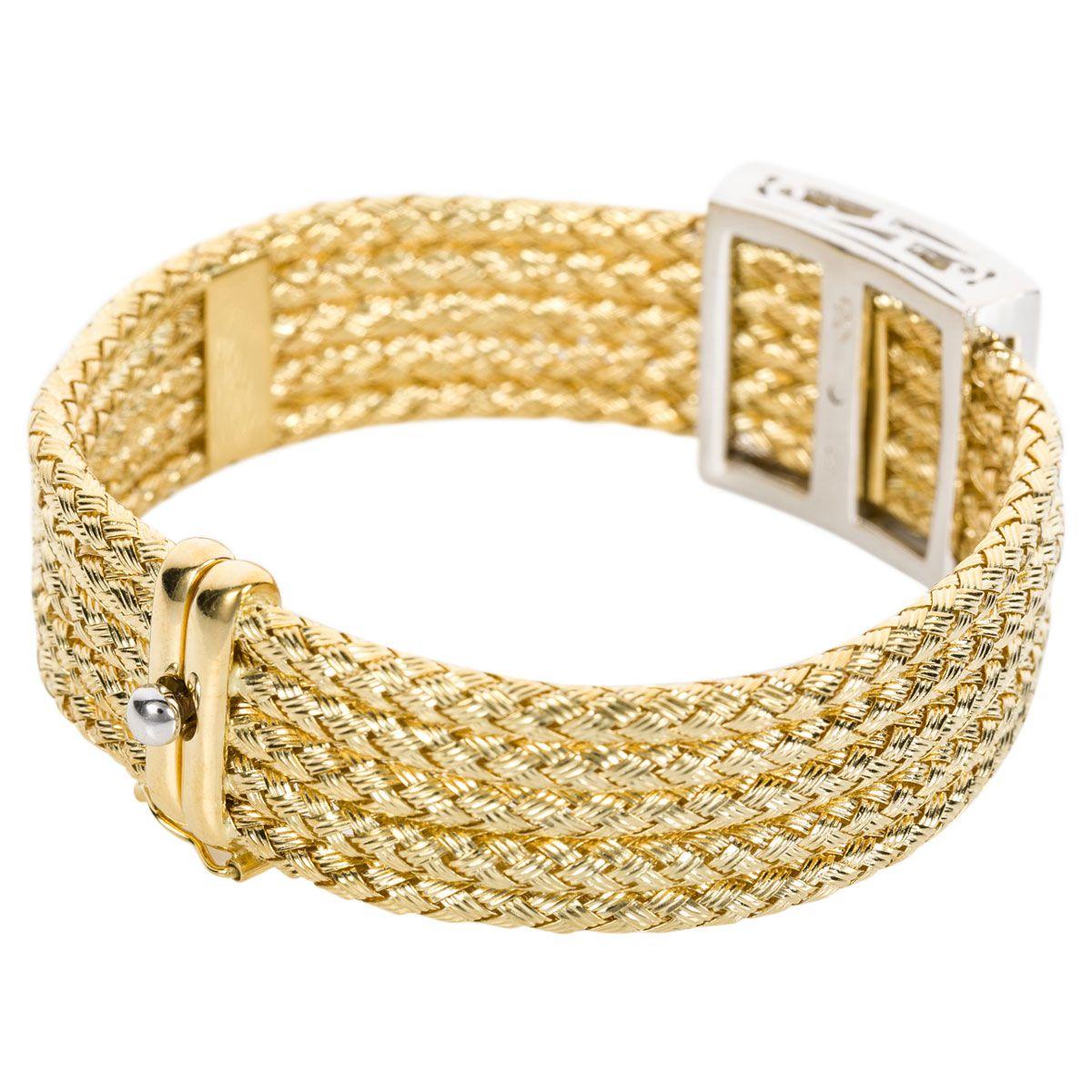 Round Cut Italian 18 Karat Yellow Gold and Diamond Five-Strand Woven Bracelet For Sale