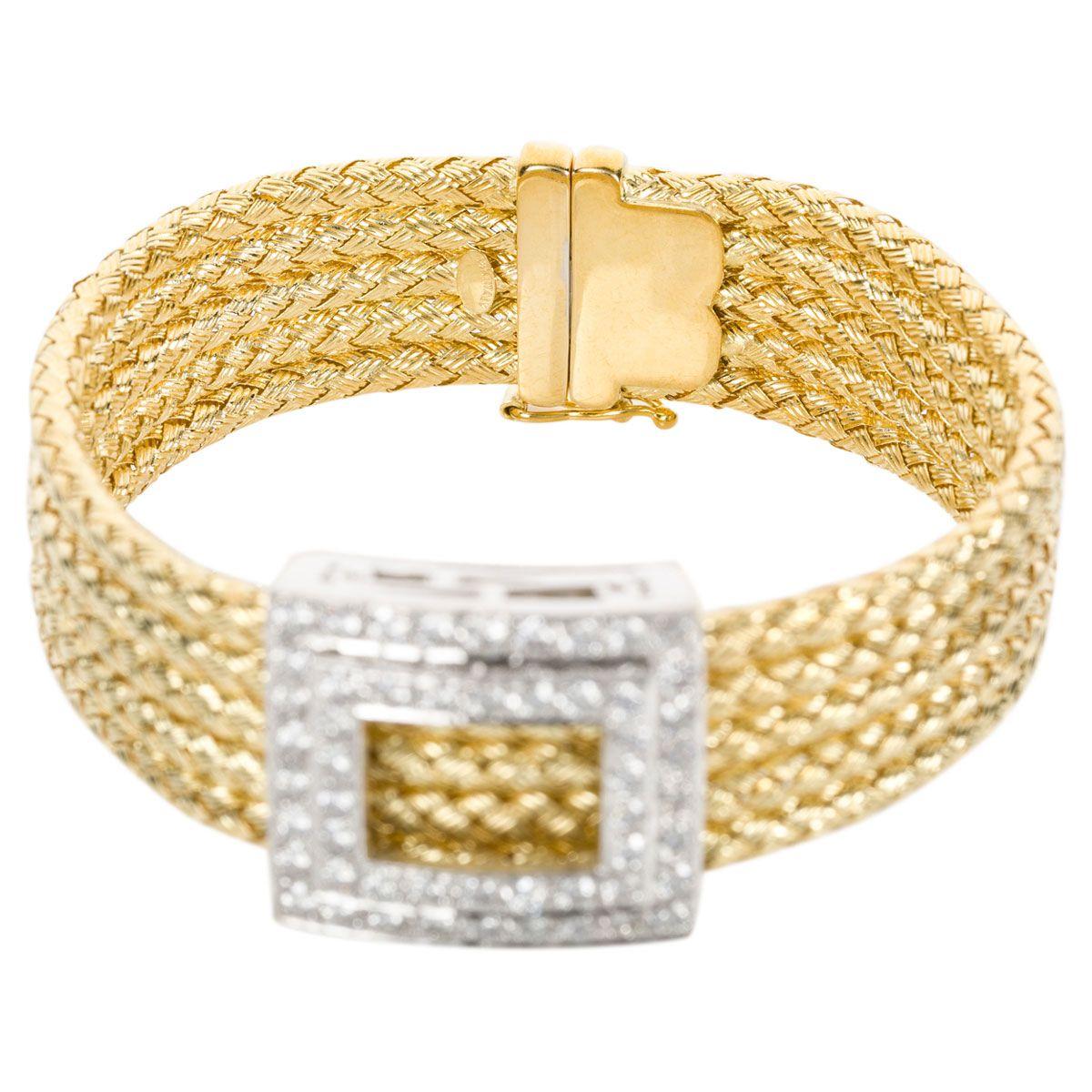 Women's Italian 18 Karat Yellow Gold and Diamond Five-Strand Woven Bracelet For Sale