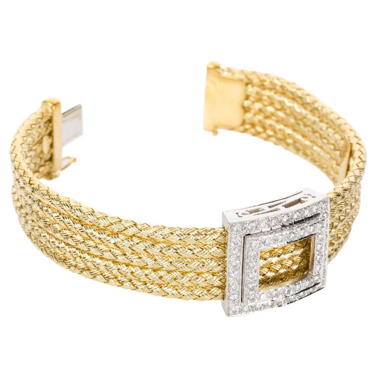 Italian 18 Karat Yellow Gold and Diamond Five-Strand Woven Bracelet For Sale 1