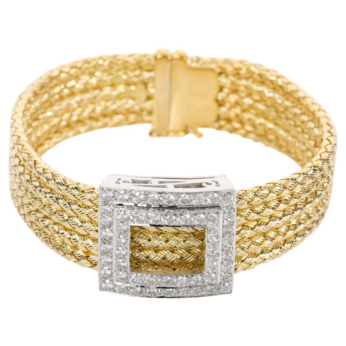 Italian 18 Karat Yellow Gold and Diamond Five-Strand Woven Bracelet For Sale 2