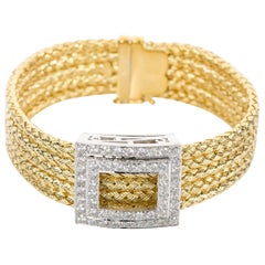 Italian 18 Karat Yellow Gold and Diamond Five-Strand Woven Bracelet