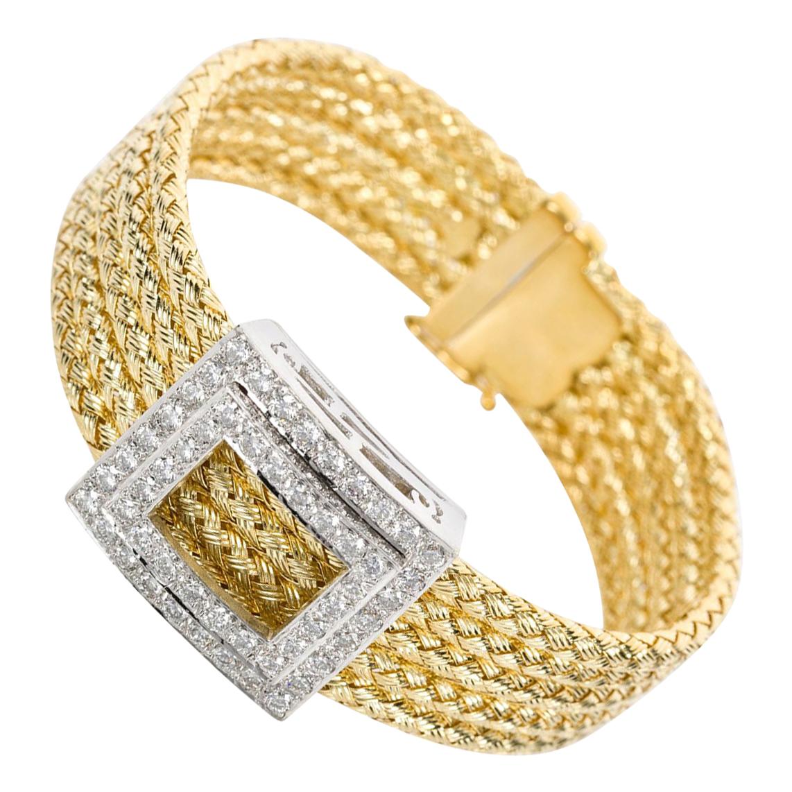 Italian 18 Karat Yellow Gold and Diamond Five-Strand Woven Bracelet For Sale