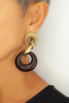 Italian 18 Karat Yellow Gold and Wood Link Drop Earrings