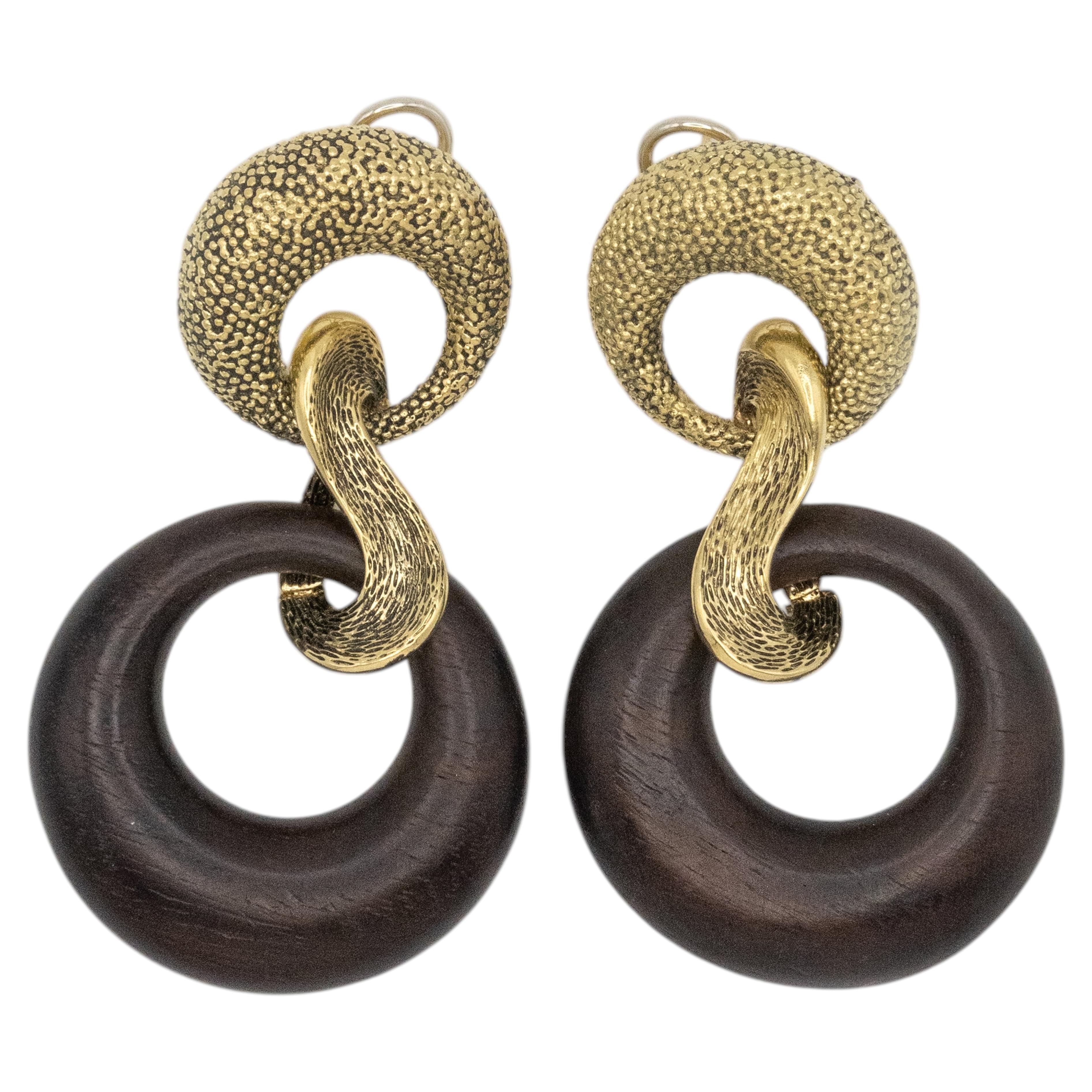 Italian 18 Karat Yellow Gold and Wood Link Drop Earrings