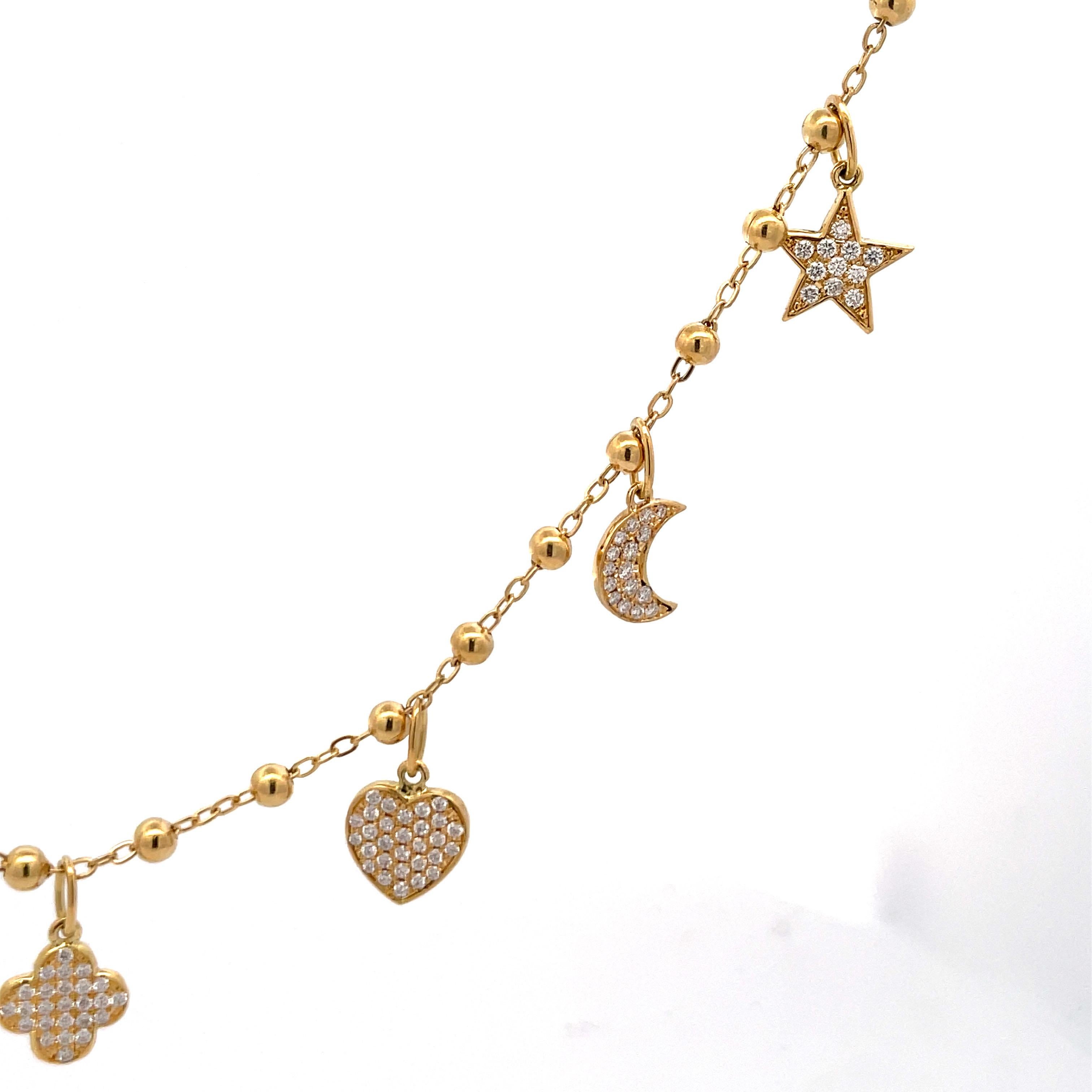 Italian 18 Karat Yellow Gold Diamond Charm Necklace Star Moon Heart Clover For Sale 3