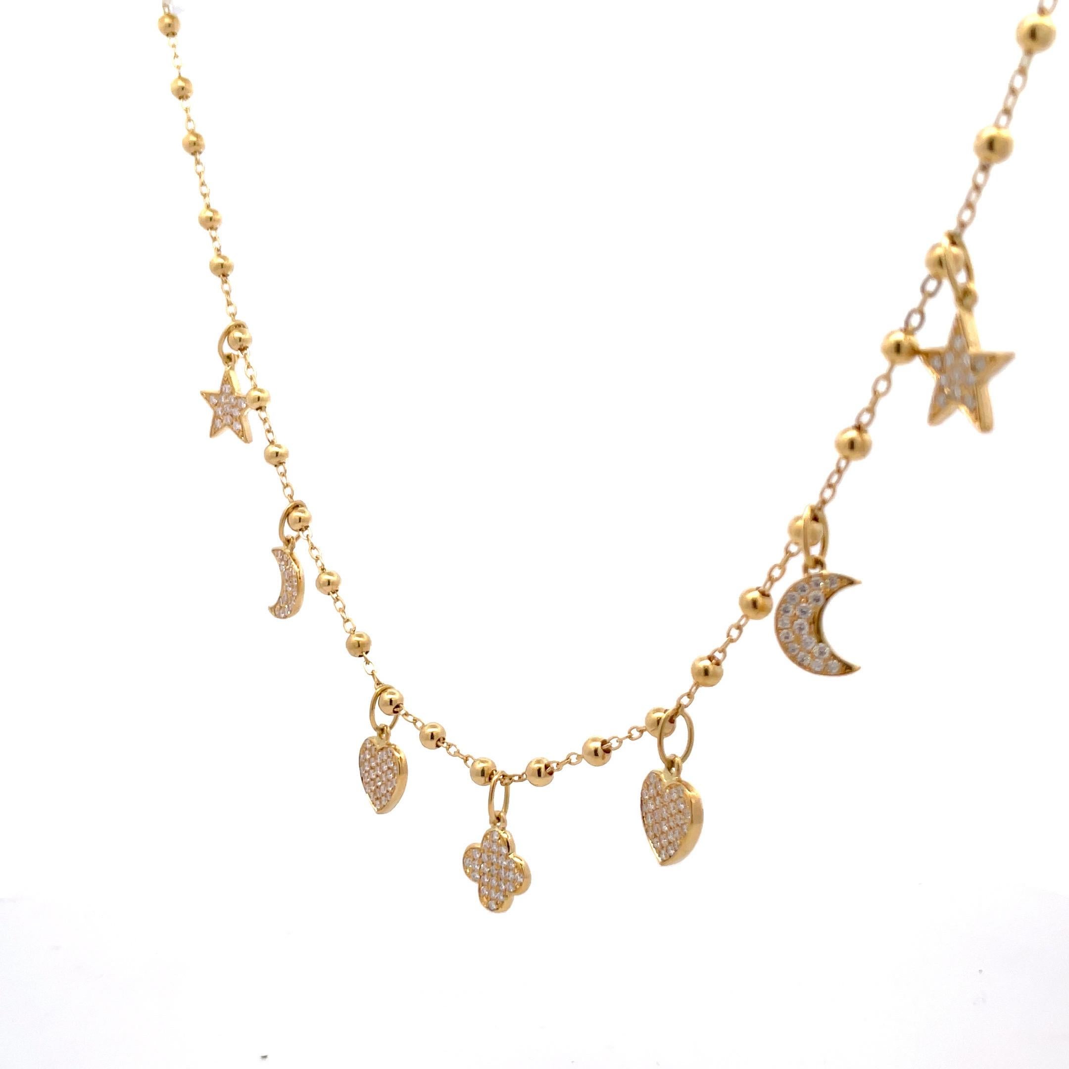 Italian 18 Karat Yellow Gold Diamond Charm Necklace Star Moon Heart Clover For Sale 4