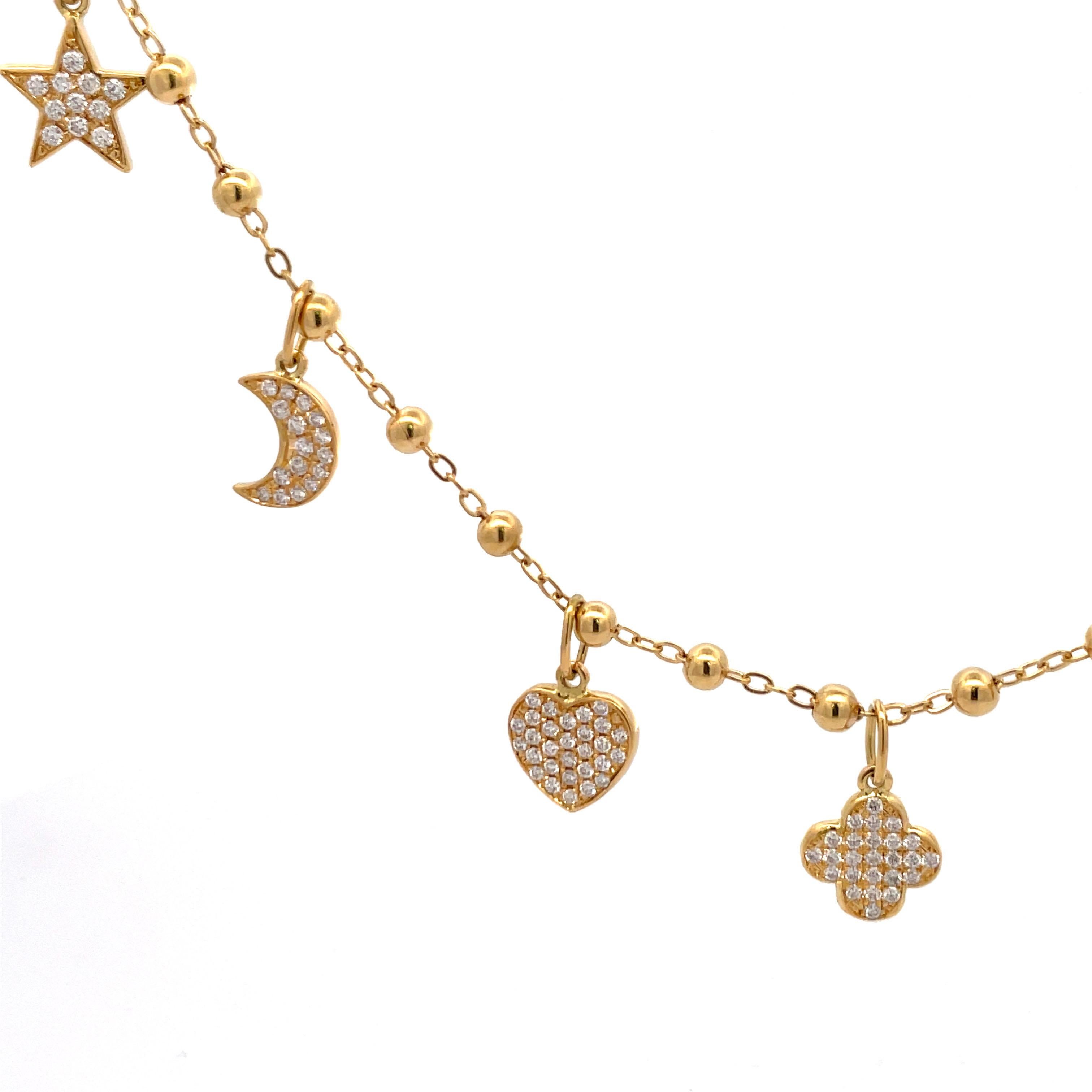 Contemporary Italian 18 Karat Yellow Gold Diamond Charm Necklace Star Moon Heart Clover For Sale