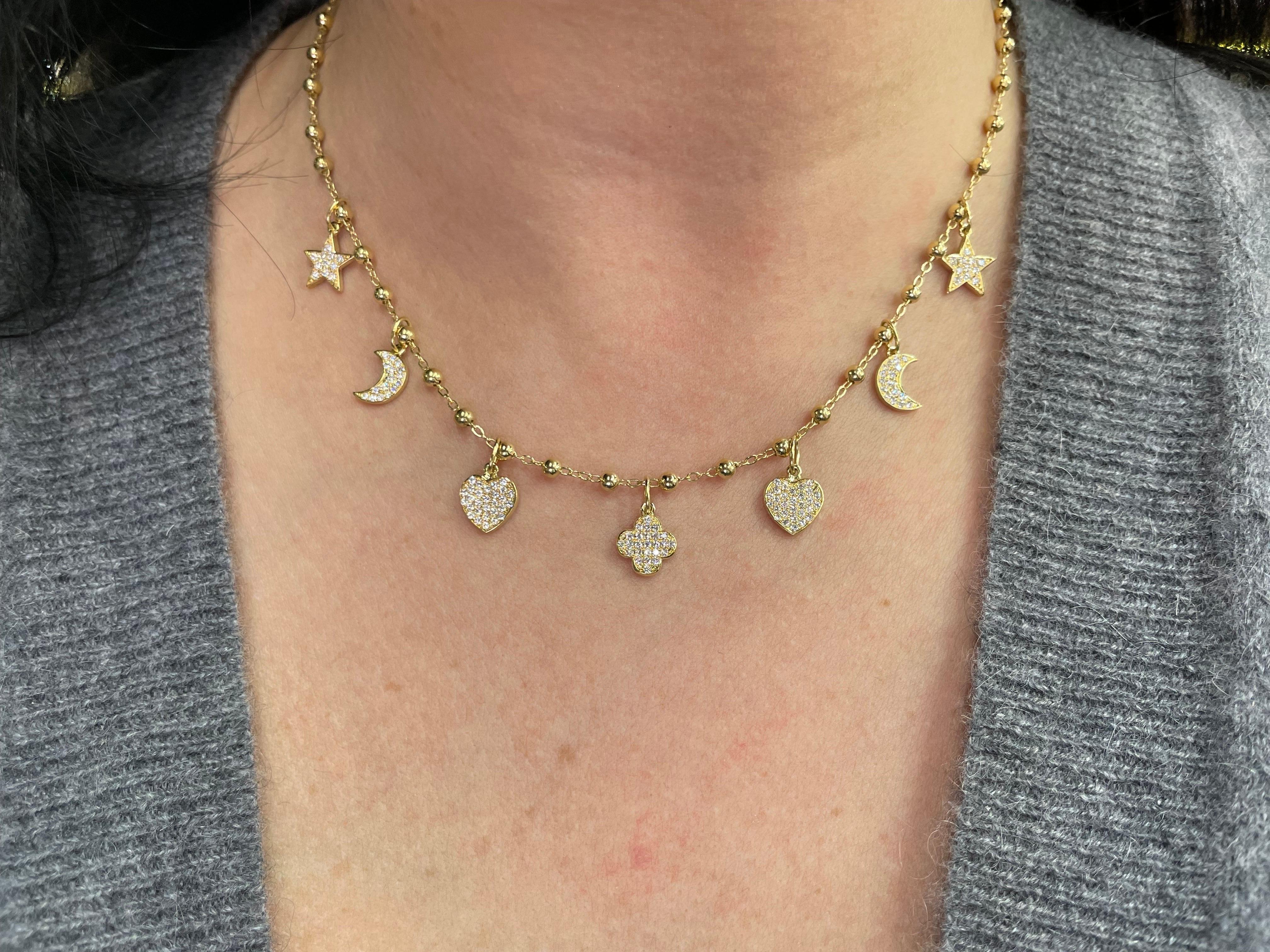 Italian 18 Karat Yellow Gold Diamond Charm Necklace Star Moon Heart Clover In New Condition For Sale In New York, NY