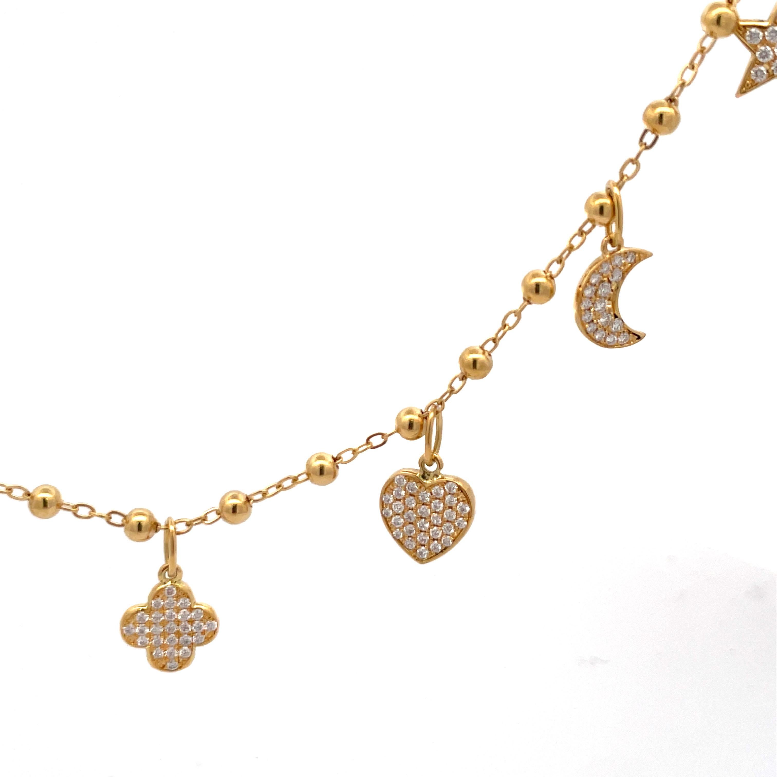 Women's Italian 18 Karat Yellow Gold Diamond Charm Necklace Star Moon Heart Clover For Sale