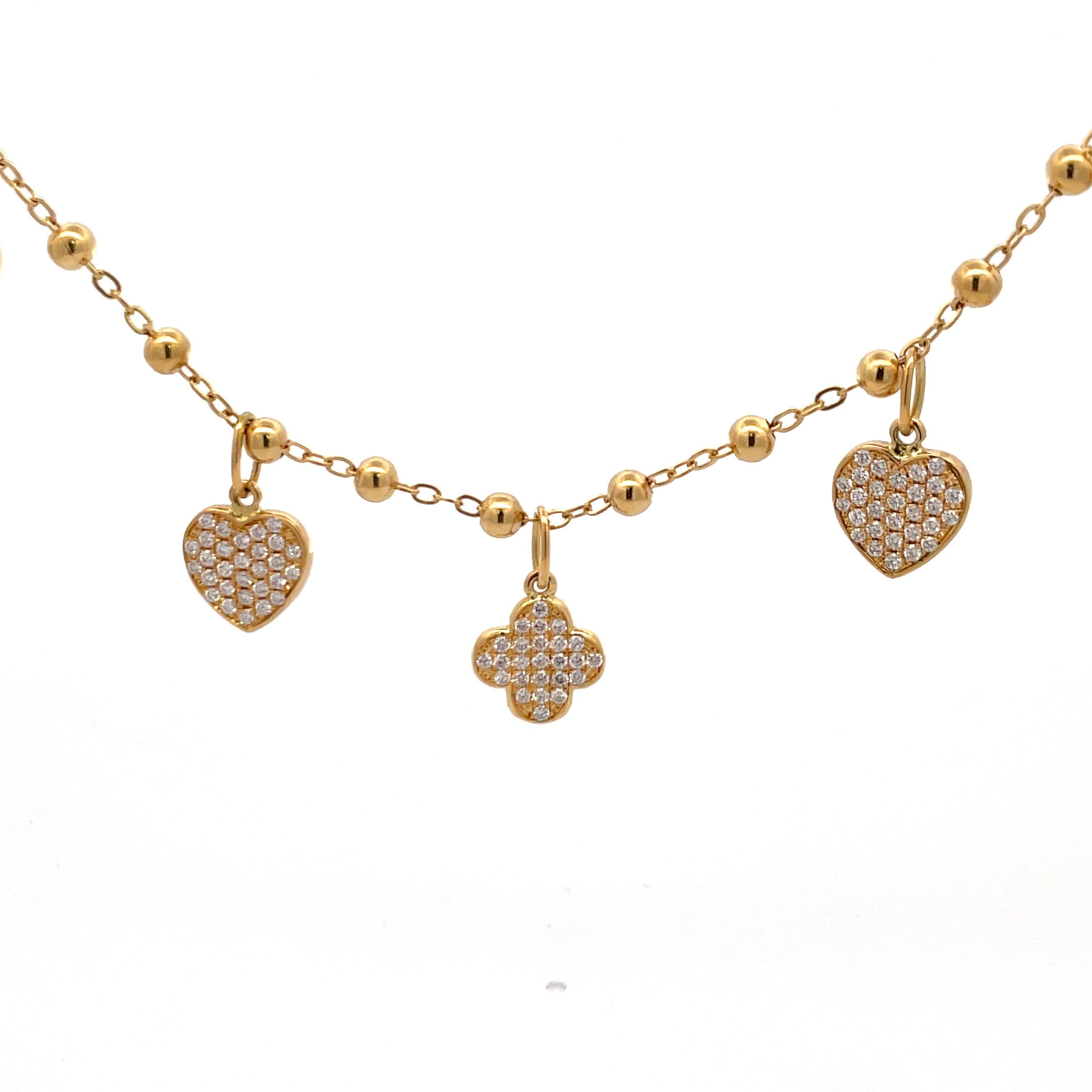 Italian 18 Karat Yellow Gold Diamond Charm Necklace Star Moon Heart Clover For Sale 1