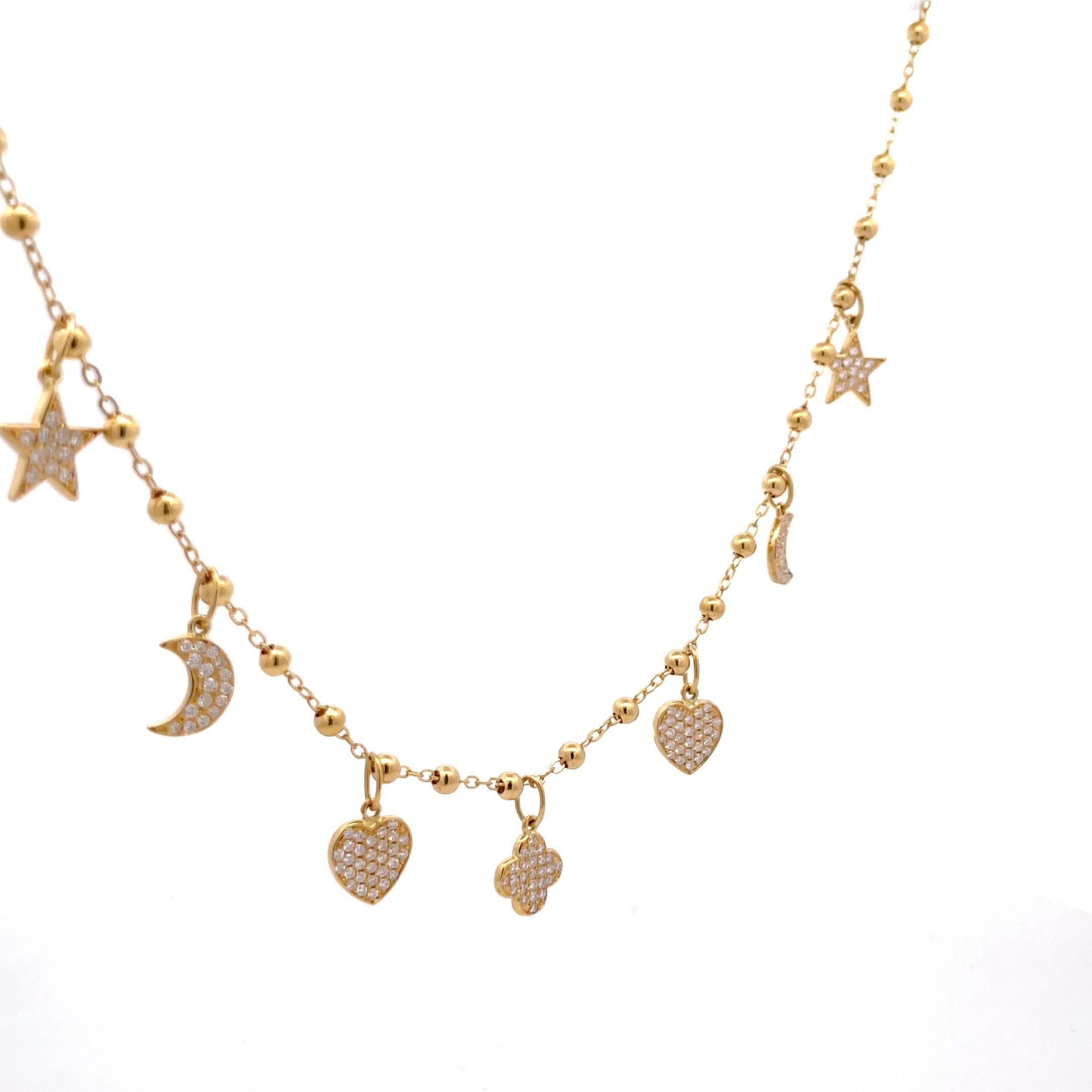 Italian 18 Karat Yellow Gold Diamond Charm Necklace Star Moon Heart Clover For Sale 2
